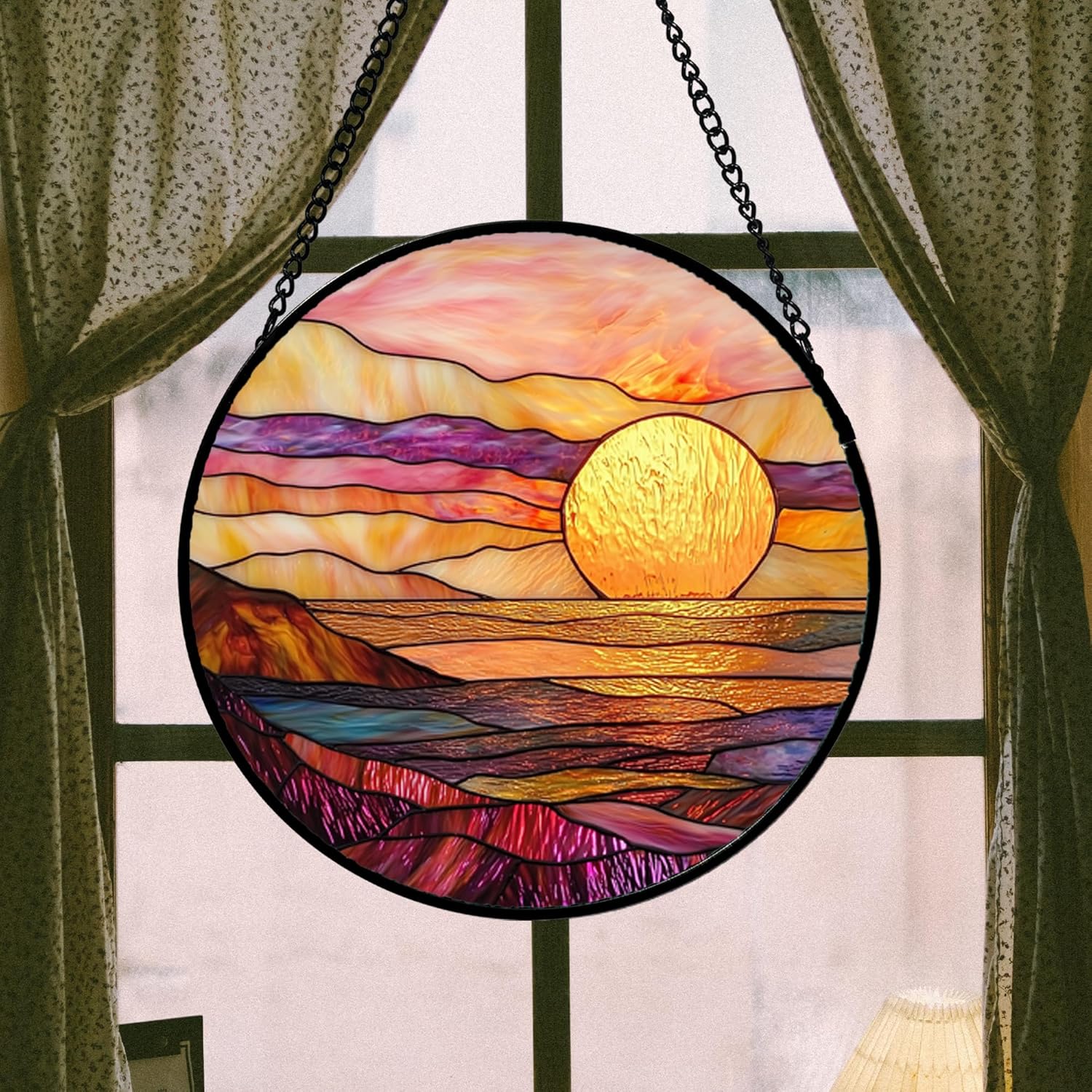 Stained Glass Window Hanging, Sparkling Sea Suncatcher Diamond Glass Panel Hangings Scenery Sun Catchers Decor for Birthday for Women, Men, Wife, Aunt, and Mom 7.8 in