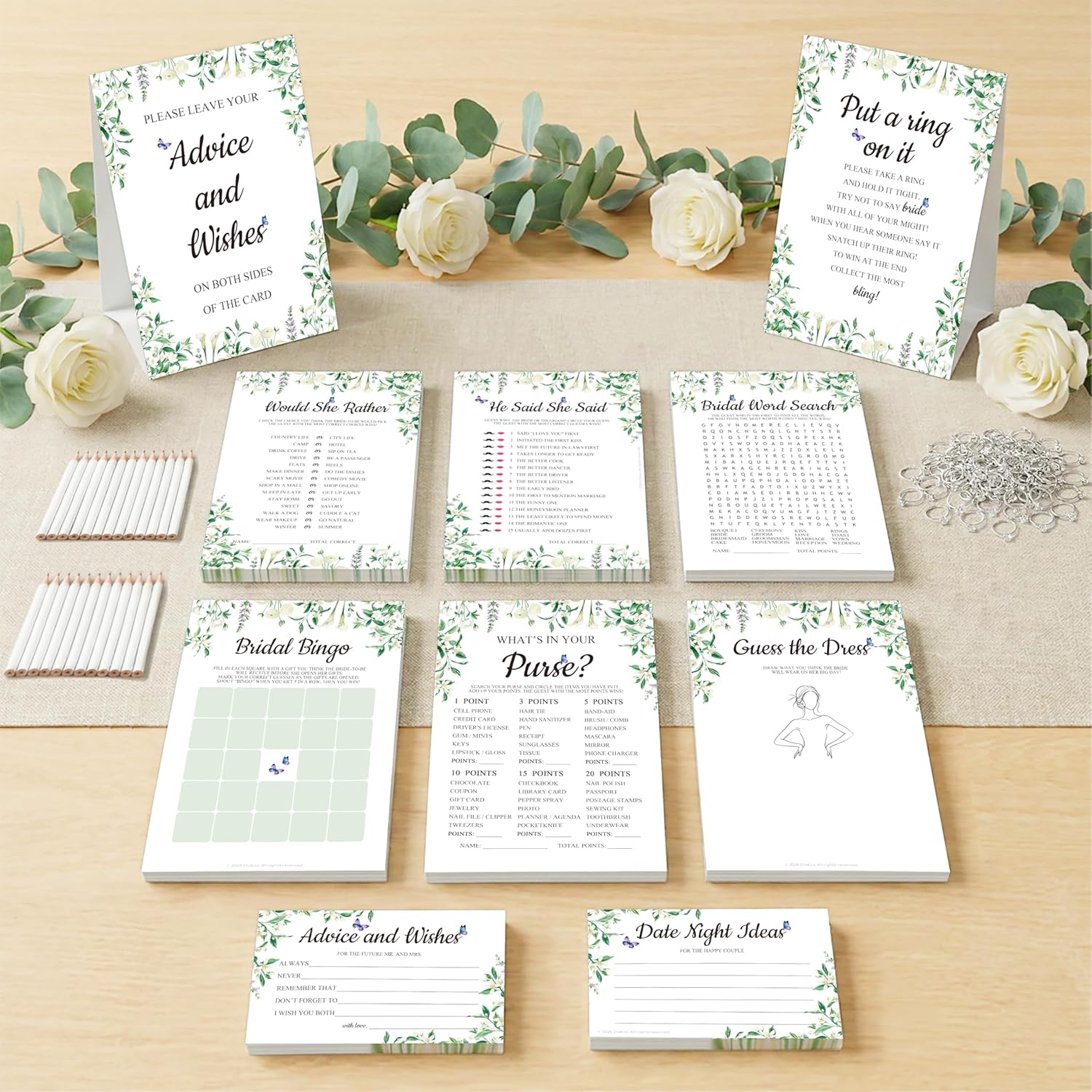 8-in-1 Bridal Shower Games Set for 50 Guests, Includes Guess the Dress, Would She Rather, Put a Ring on It, He Said She Said, Advice and Wishes -25 Pencils, 50 Metal Game Rings - Floral Theme