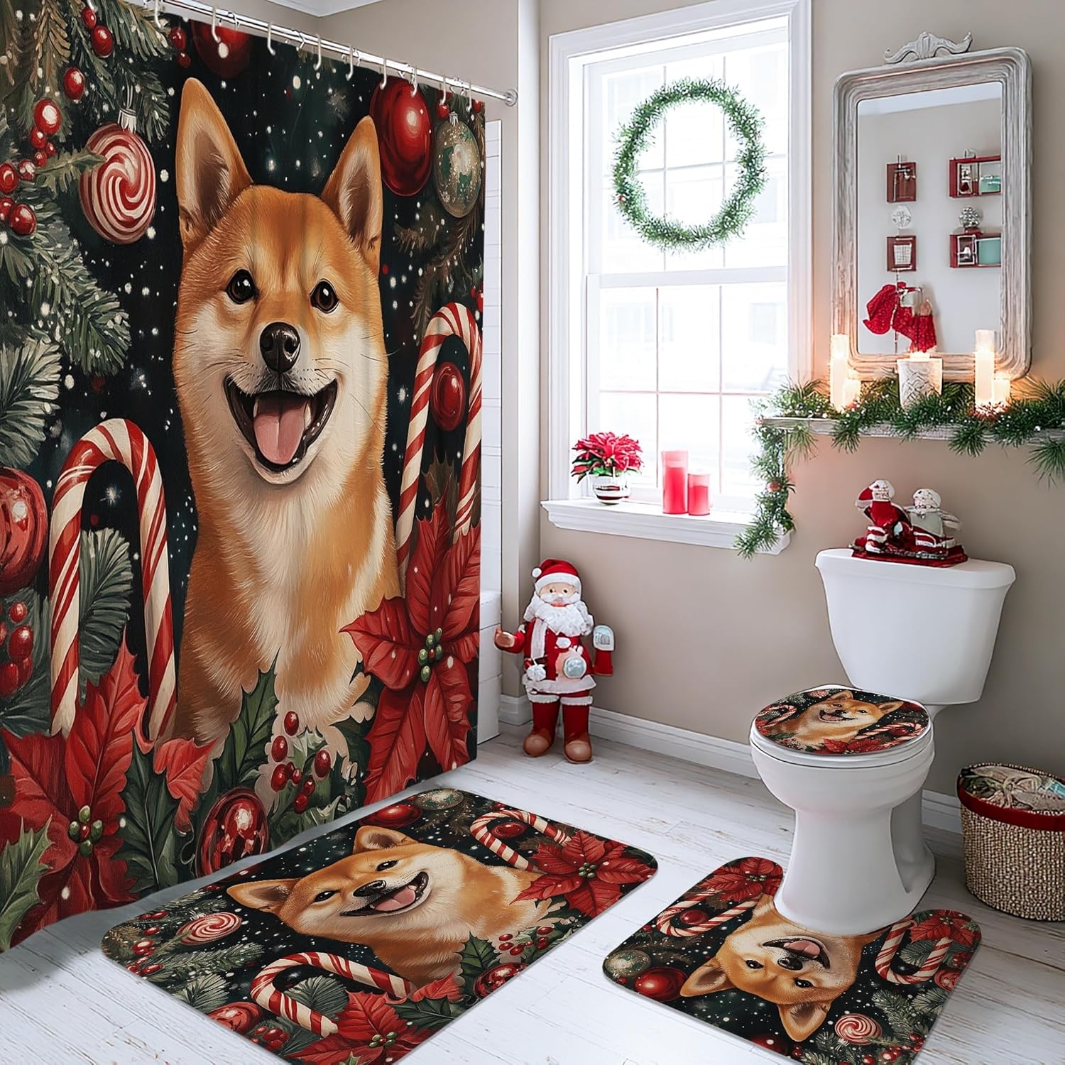 4PCS Christmas Shiba Inu Dog Bathroom Sets with Non-Slip Rug, U Shape Toilet Lid Cover Mat, Xmas Candy Poinsettia Puppy Bathroom Decoration 72''x72''