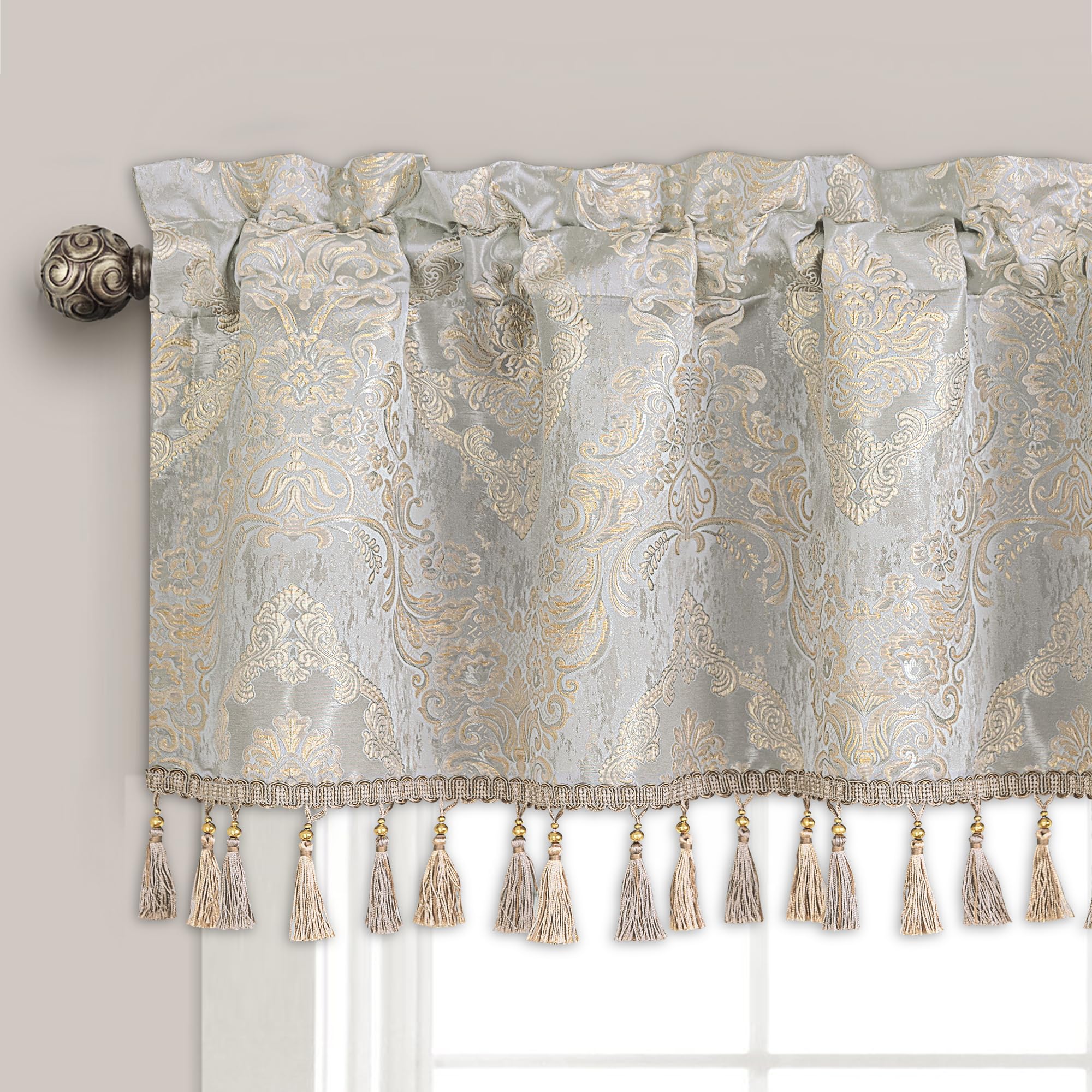 Photo 1 of Loom and Mill Luxury Valances for Windows, Elegant Damask Thick Window Treatment Curtains Valance with Handmade Tassels for Living Room, Bedroom Party Banquet Decorations (54" x 18", Gray&Beige)