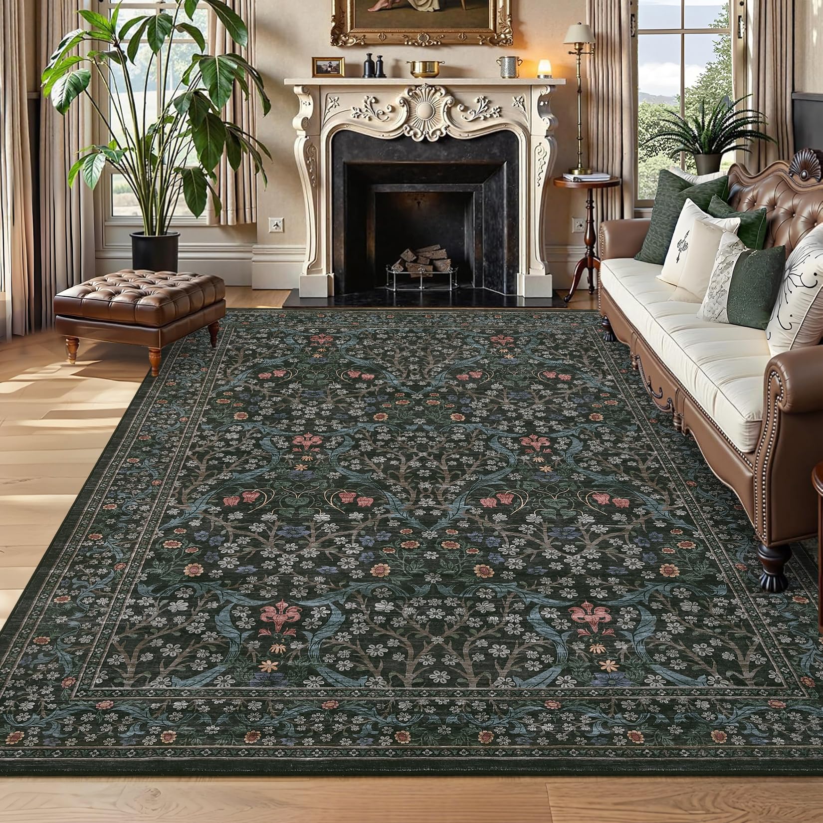 GarveeHome Washable Rug for Living Room, 8x10 Large Area Rug for Dining Room Under Table, Bedroom, Floral Soft Low Pile Non Slip Stain Resistant