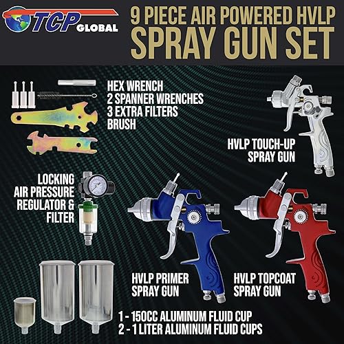 Miniatura 2 de TCP Global 3 pistolas de pulverización HVLP con frascos regulador de aire y kit de mantenimiento para todas las pinturas imprimaciones