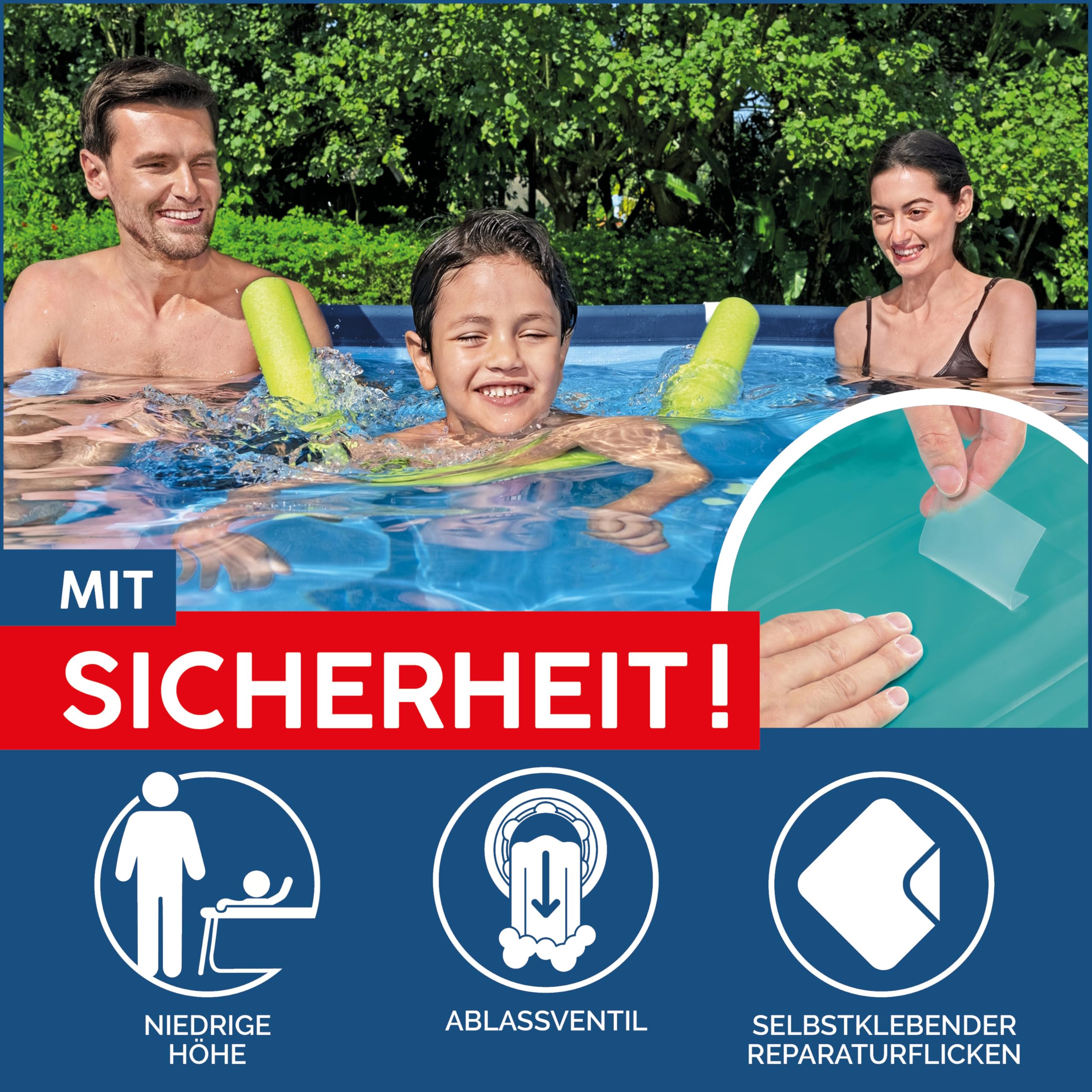 Bestway Steel Pro Frame Pool rechteckig 259 x 170 x 61 cm 2.300 Liter TriTech-Material FrameLink System korrosionsgeschützter Stahlrahmen dunkelblau