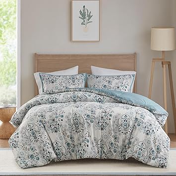 Madison Park Queen Comforter Set Medallion Comforter for Queen Size Bed, Woven Tufted Bedding, All Season & Lightweight Queen Bed Set with Shams, Shabby Chic Cottage, Brielle, Full/Queen, Blue 3 Piece