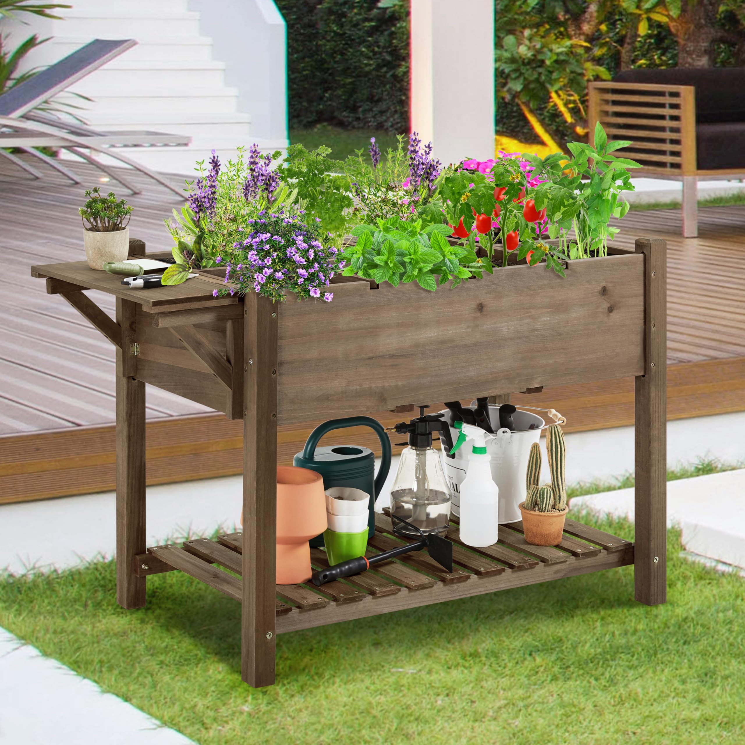 Yaheetech Huerto Urbano con Estante 123,5x54x80cm Macetero Jardinera Elevada de Madera Abeto con Rejillas de Cultivo Extraíbles y Forro Interior de Tela para Jardín/Terraza/Balcón Marrón Oscuro