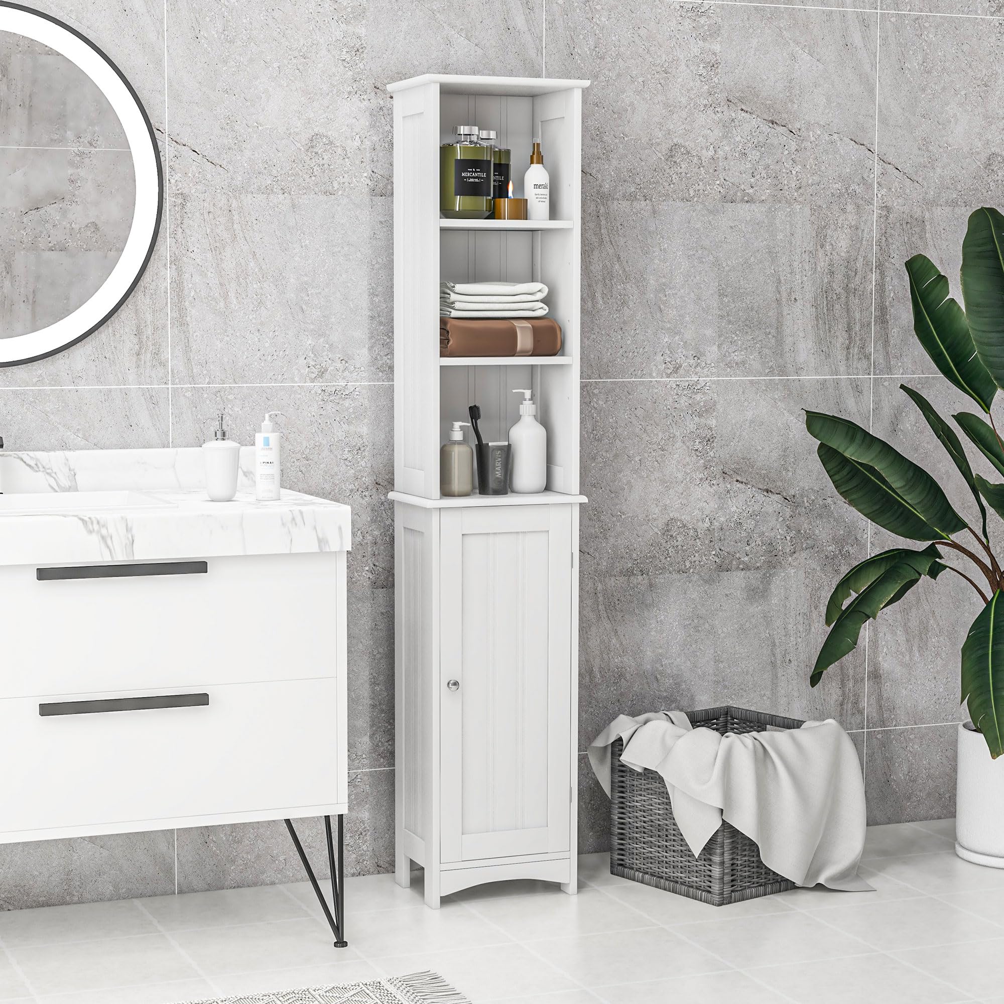 kleankin Armario Alto de Baño con 3 Compartimientos 34x23x165 cm Blanco