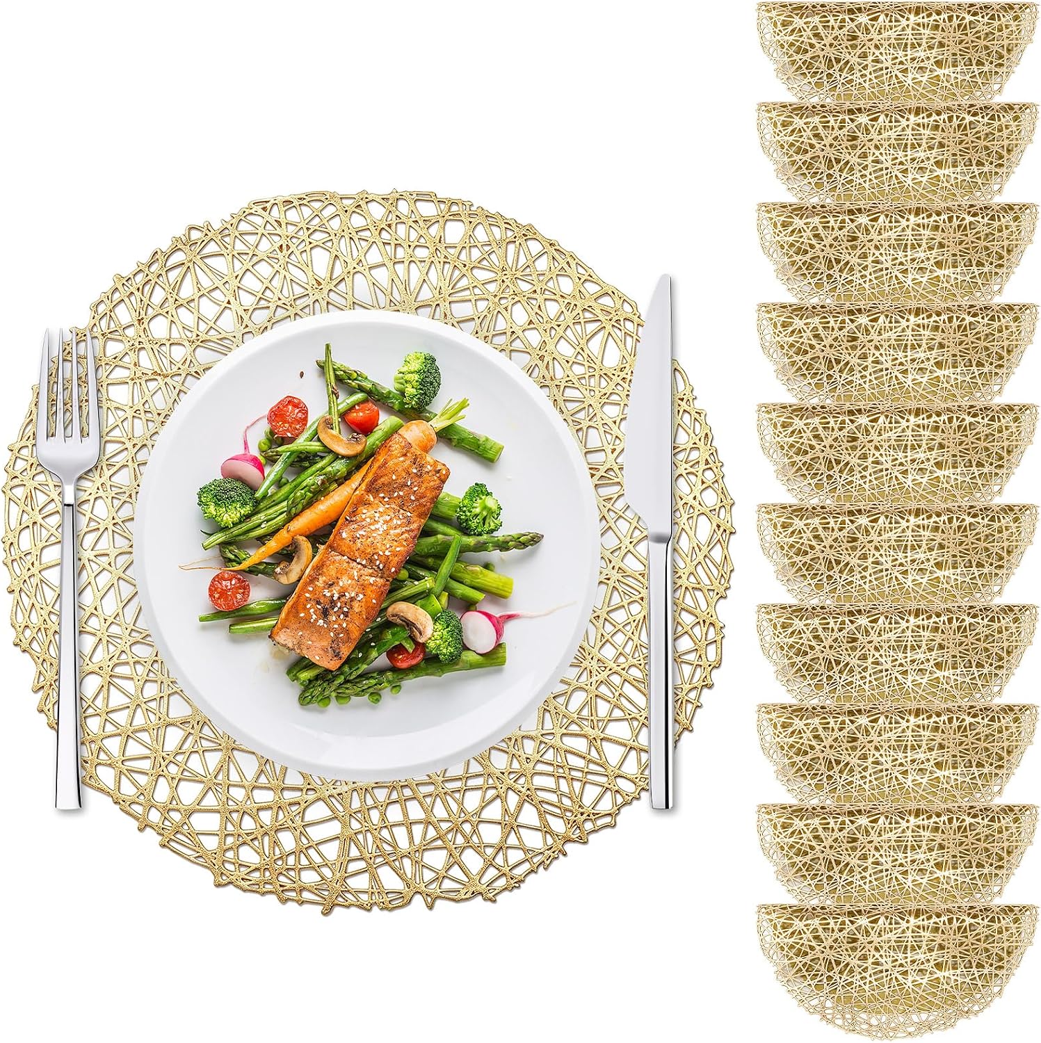 10Pcs Gold Placemats Round, Heat Resistant Woven Gold Placemats Hollow Out Pressed for Party Dinner Table