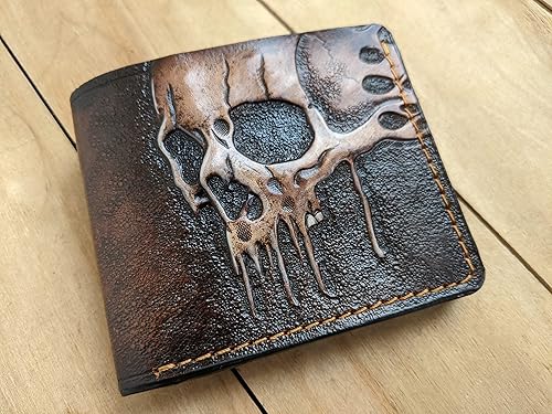 Miniatura 5 de Melting Skull, Zombie, Skeleton, Men's 3D Genuine Leather Wallet, Hand-Carved, Hand-Painted, Leather Carving, Custom wallet, Personalized wallet