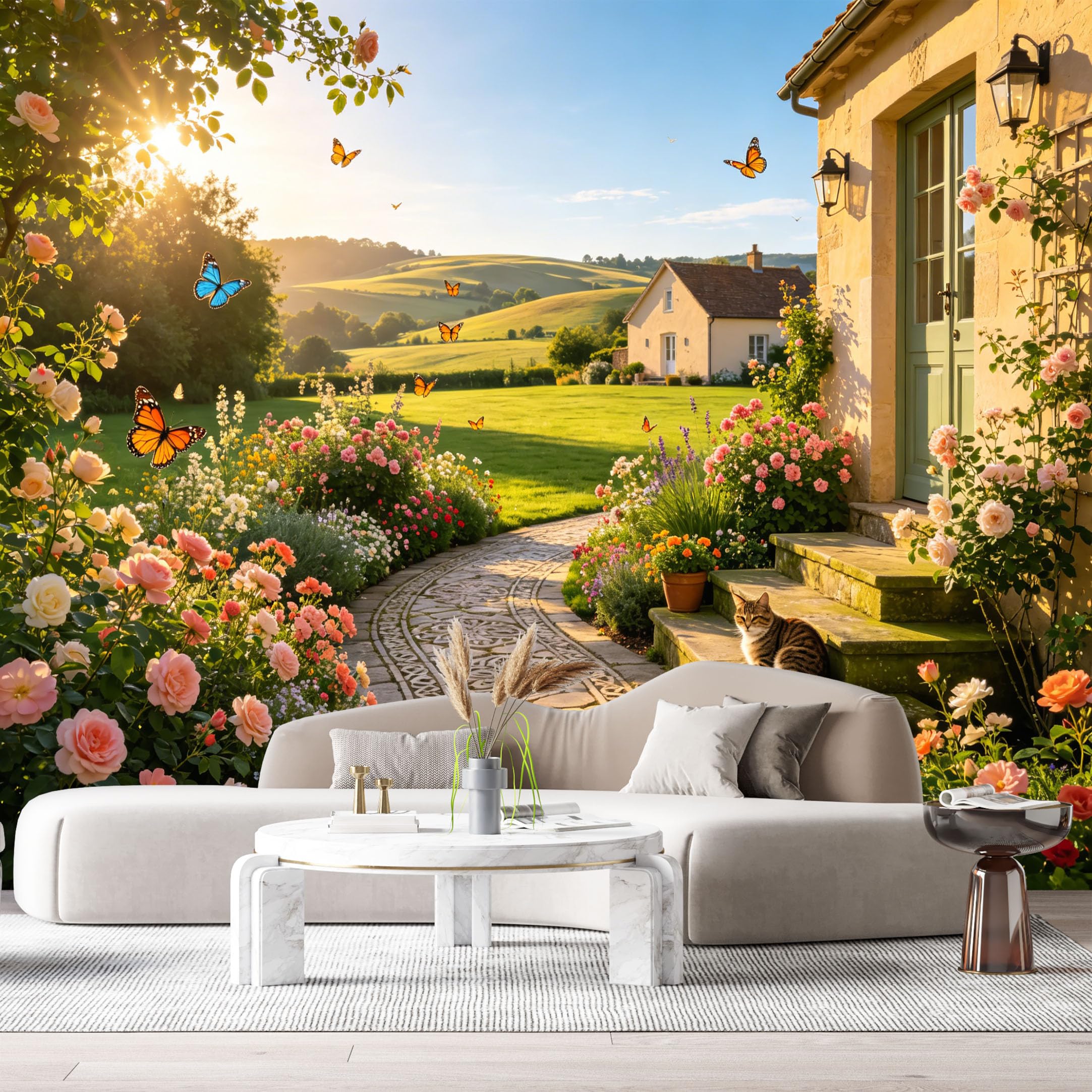 Custom Size Wall Murals Farmhouse Cottage Garden Roses Butterflies Landscape SelfAdhesive Wall Fabric Removable Large Wallpaper for Photo Living Room Interior Wall Decor Mural