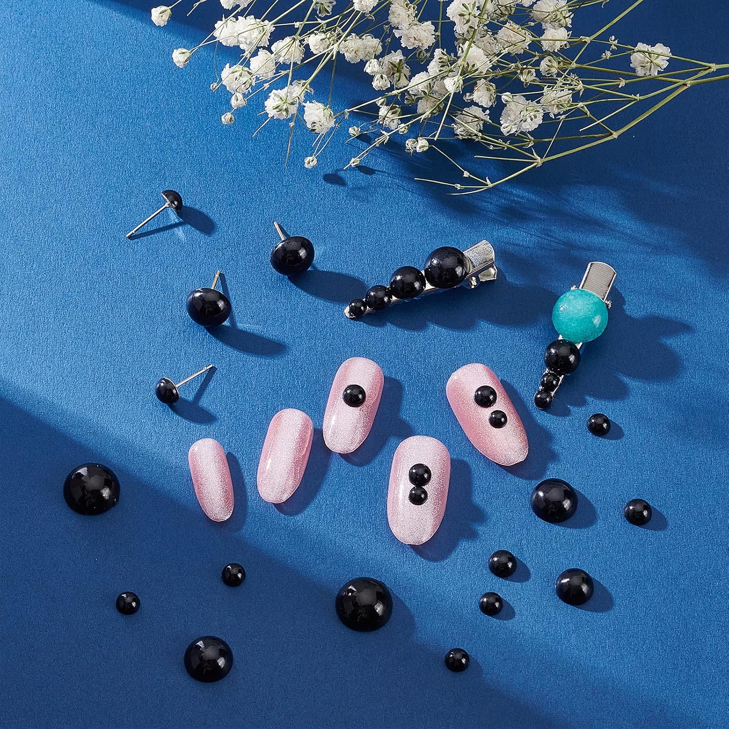 PH PandaHall about 690pcs 6 Sizes Black Flat back Pearl Cabochon for Crafts Scrapbooking Embellishment Shoes Wedding Dress DIY Phone Nail Making(4mm, 5mm,6mm, 8mm, 10mm, 12mm)