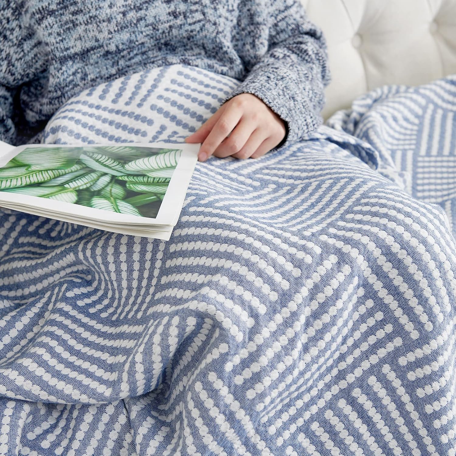 jinchan Boho 100% Cotton Blanket Muslin Twin Size 60x80 Inches Lightweight 3-Layer Geometric Square Striped Pattern Reversible Quilt Throw Soft Breathable Comfy All Seasons for Couch Bed Decor, Blue - Image 4