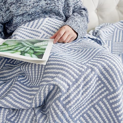 Miniatura 4 de jinchan Manta azul bohemia para sofá, acogedora manta de algodón tamaño individual, manta de invierno de 3 capas, colcha geométrica, manta suave,