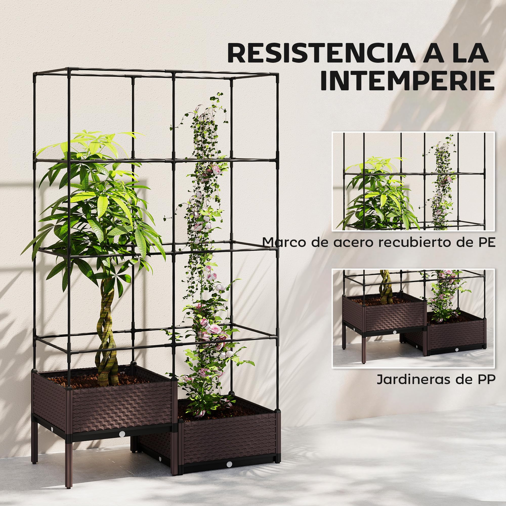 Outsunny Jardinera con Enrejado Metálico, Jardinera Exterior Grande para Plantas Trepadoras, 2 Macetas de PP con Orificios de Drenaje, Tapones, Macetero Elevado para Jardín Patio, 100x50x174 cm, Negro
