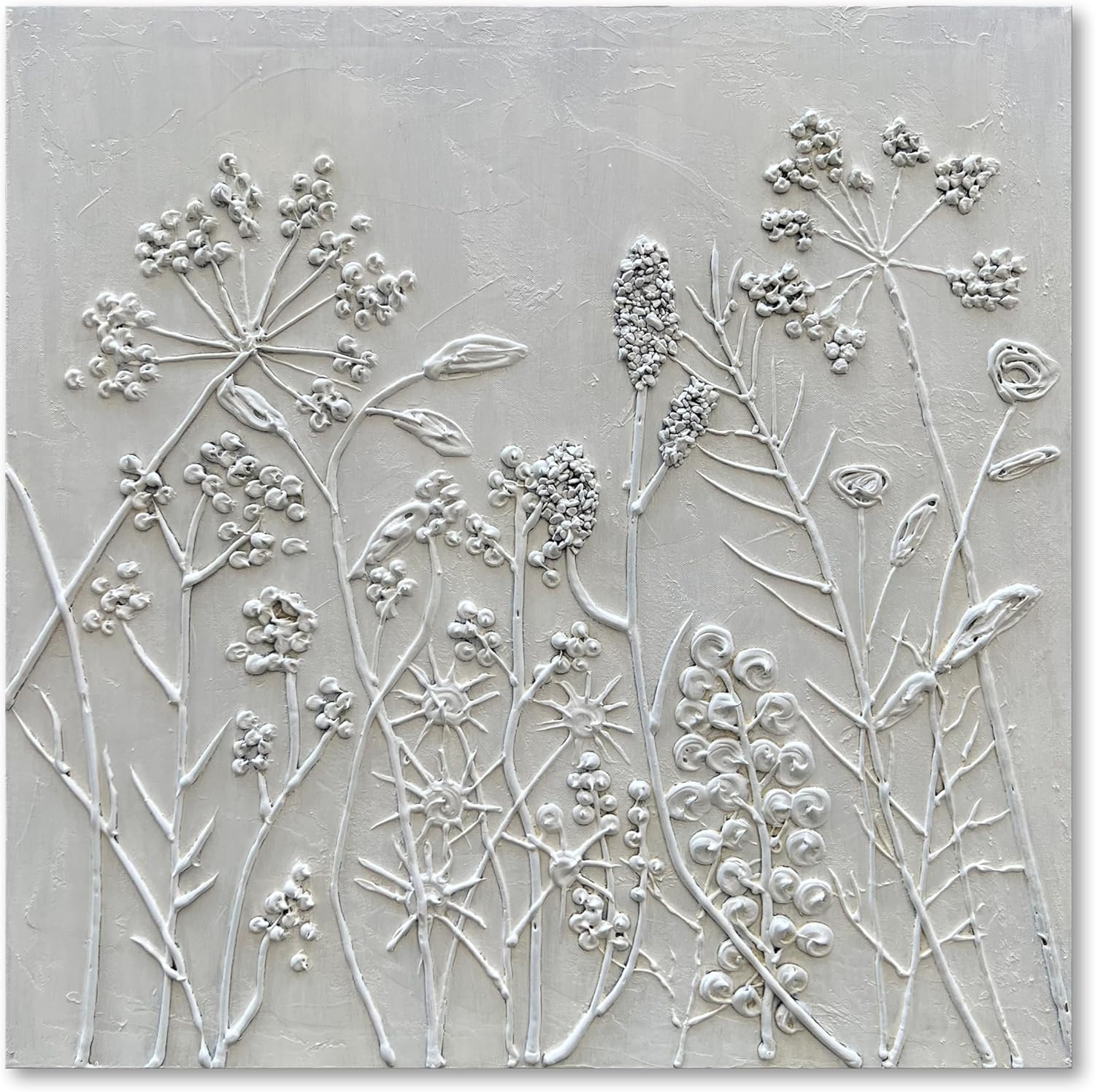 Diathou Art Hand-painted abstract oil painting featuring white floral patterns in a modern minimalist style. Suitable for use as an art piece for furniture or as a wall decoration in an office. The size is 24x24 inches