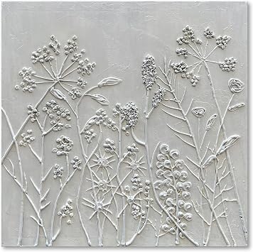 Diathou Art Hand-painted abstract oil painting featuring white floral patterns in a modern minimalist style. Suitable for use as an art piece for furniture or as a wall decoration in an office. The size is 24x24 inches