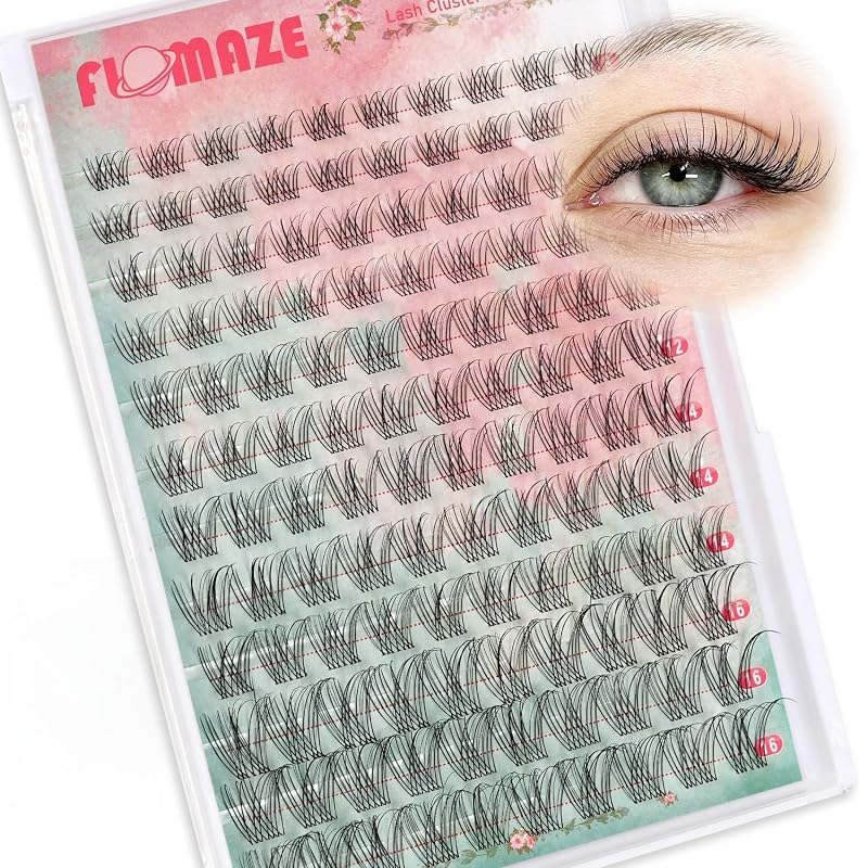 Cílios postiços em tufos FLOMAZE CC Curl, faixa fina transparente, comprimentos de 8 a 16 mm