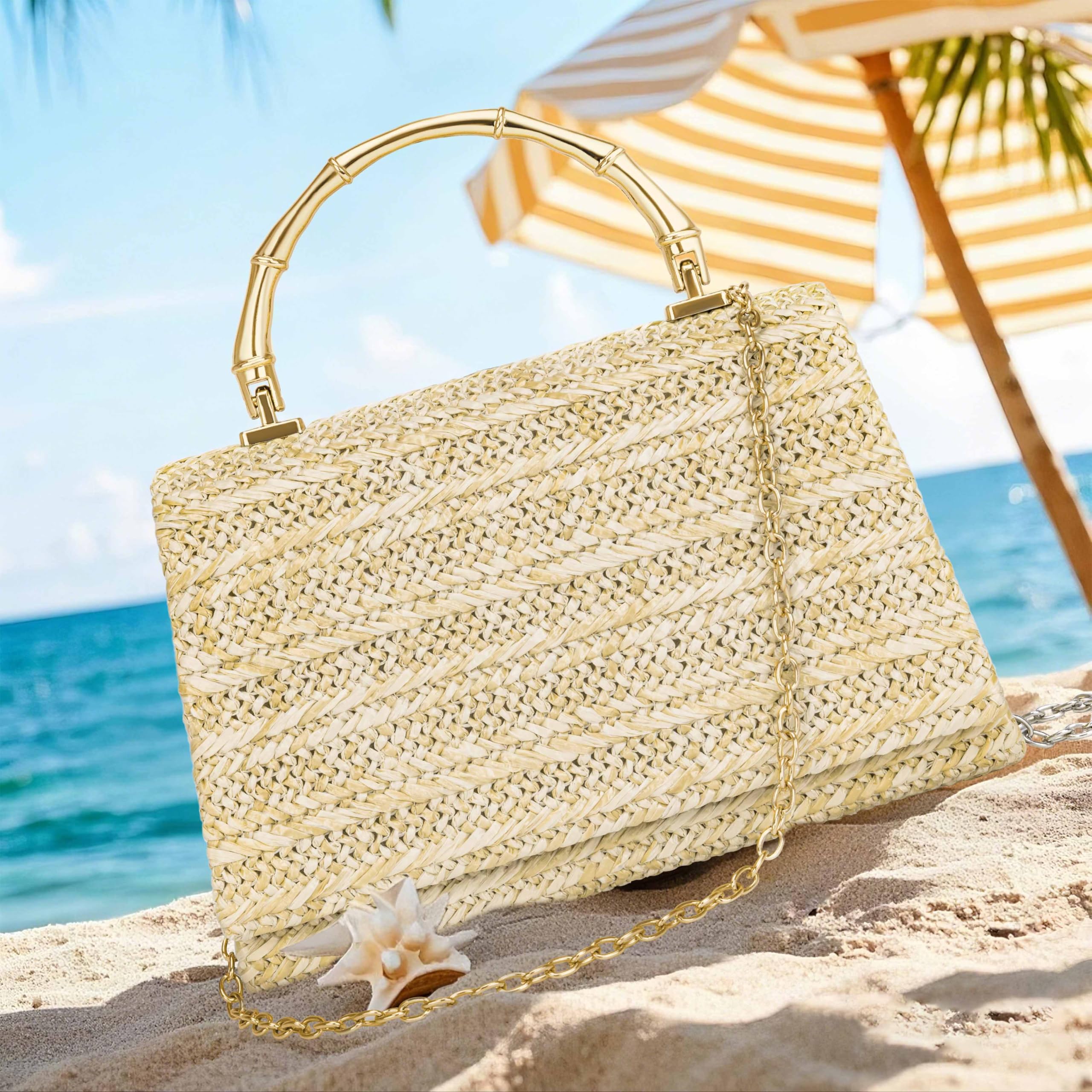 Larcenciel Damska kopertówka Boho, pleciona torebka ze słomy, elegancka torba na ramię na wesele, imprezę, plażę, Złoty uchwyt, S