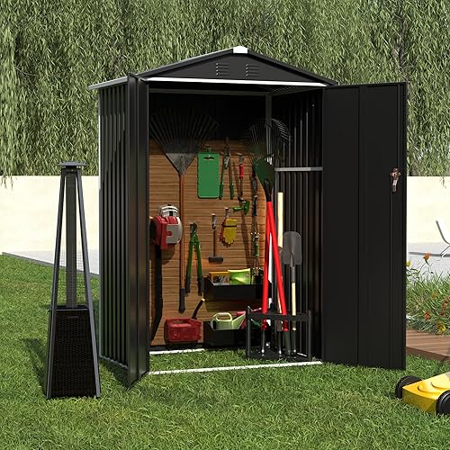 Aobabo Cobertizo de almacenamiento de metal para exteriores, cobertizo de herramientas de acero de 4 x 4 pies con puerta y cerradura, cobertizos de
