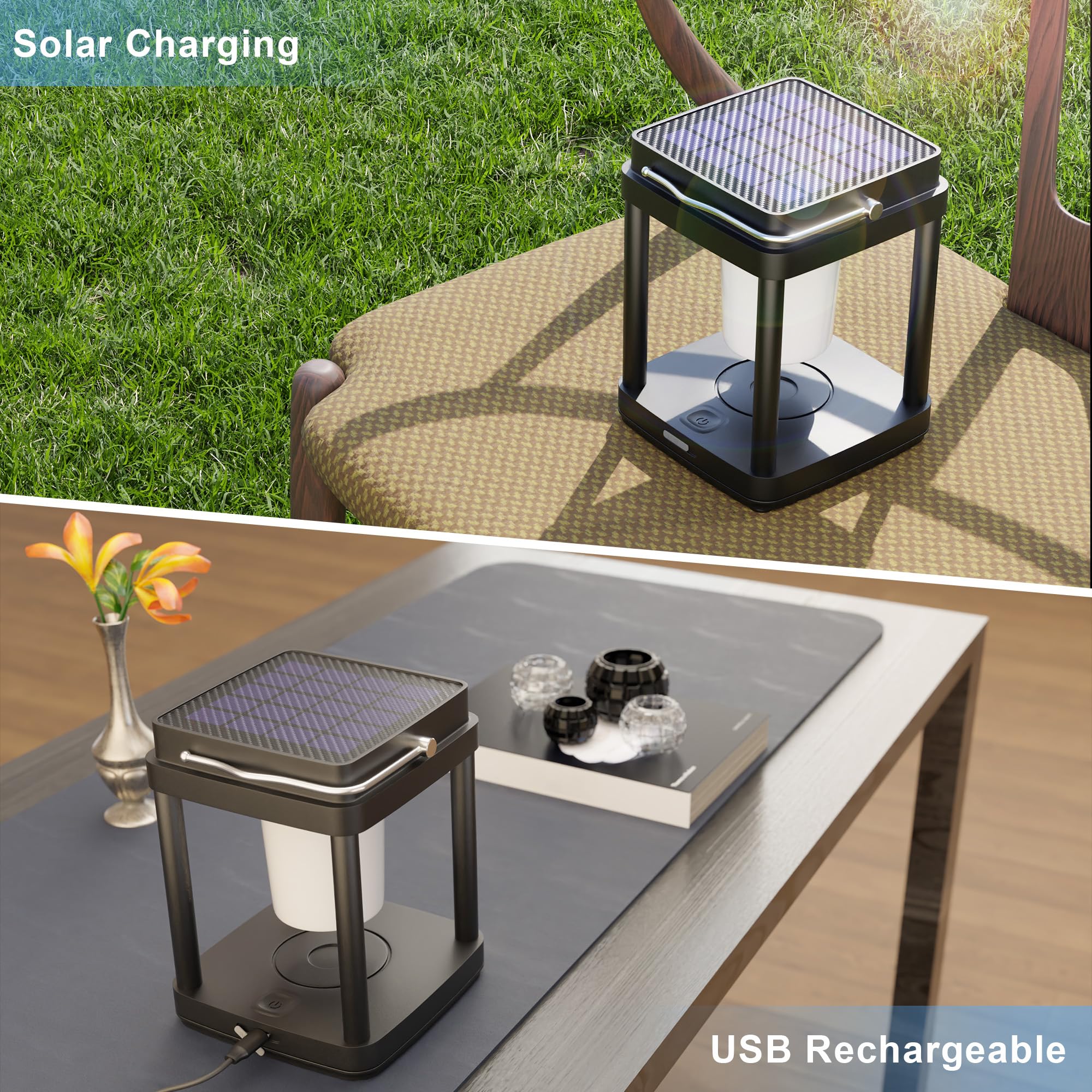 Lanterne solaire d'extérieur sans fil avec contrôle tactile, lanternes solaires étanches rechargeables pour lecture, marche, camping