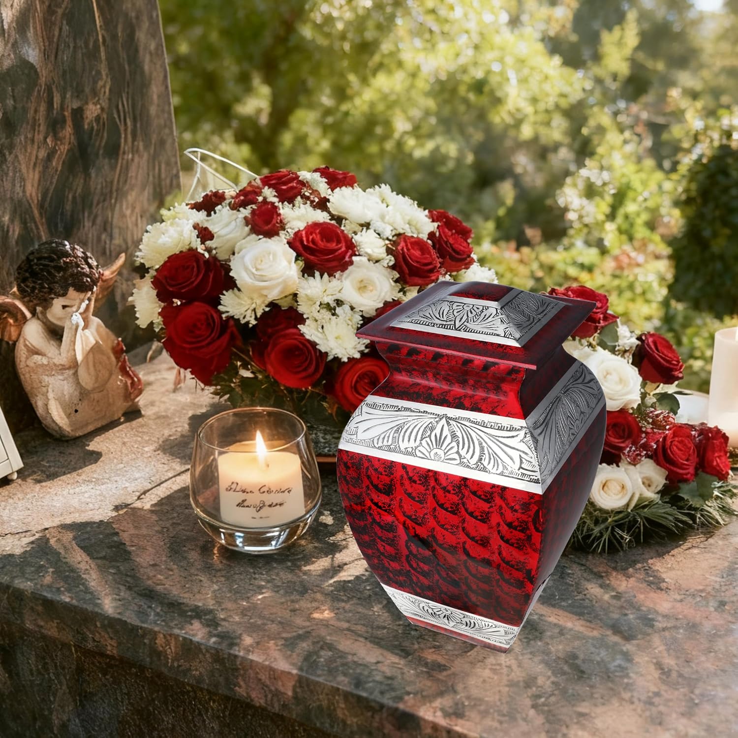Urns for Human Ashes Adult Female & Male, Cremation Urn for Ashes for Women & Men, Funeral Urns for Burial, Decorative Square Urn for Women or Man, Red - Large Size - Image 5