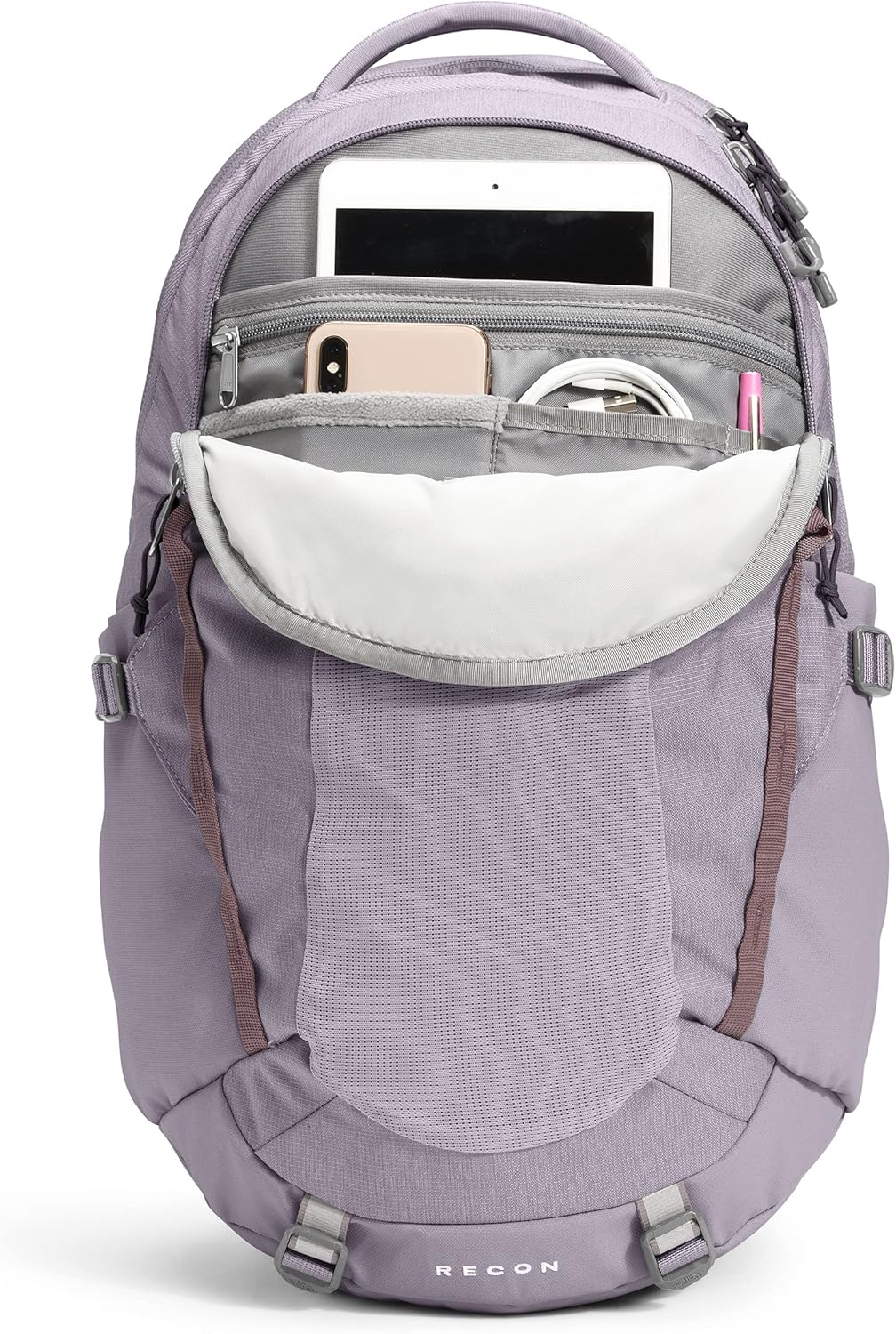 purple and gray north face backpack