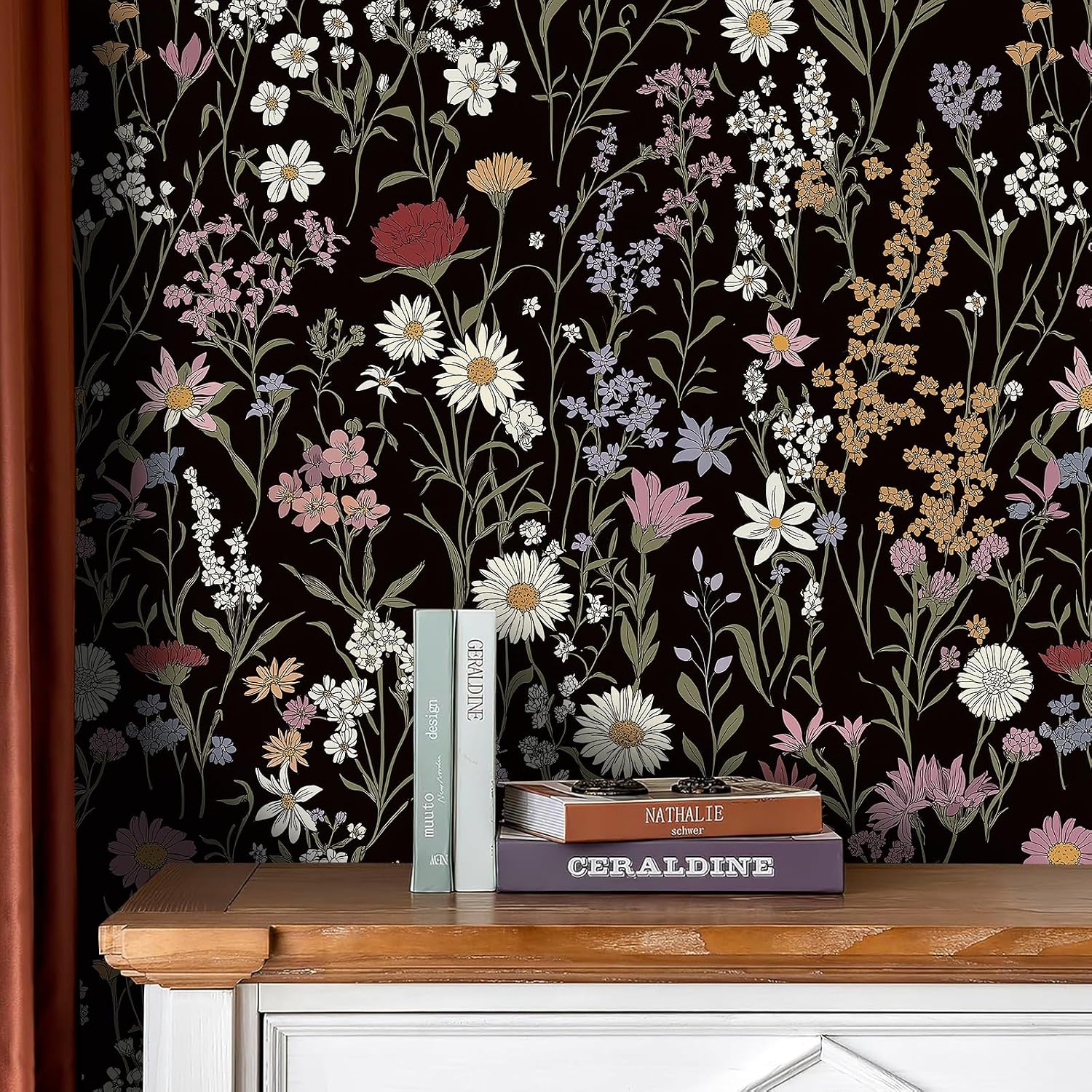 Black Botanical Floral Drawer Liner Contact Paper Peel and Stick Black Floral Wallpaper for Cabinets Shelves Dresser Drawer Wall Arts Crafts Decal 17.3X117 Inches