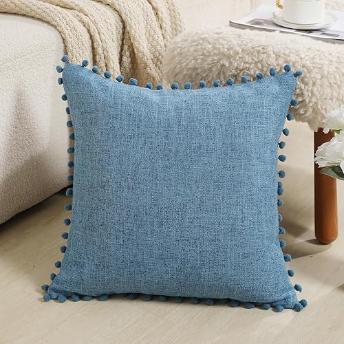 Miniatura 2 de Juego de 2 fundas de almohada de lino de 20 x 20 pulgadas, de arpillera, estilo bohemio, decorativas, clásicas, cuadradas con borlas de pompones