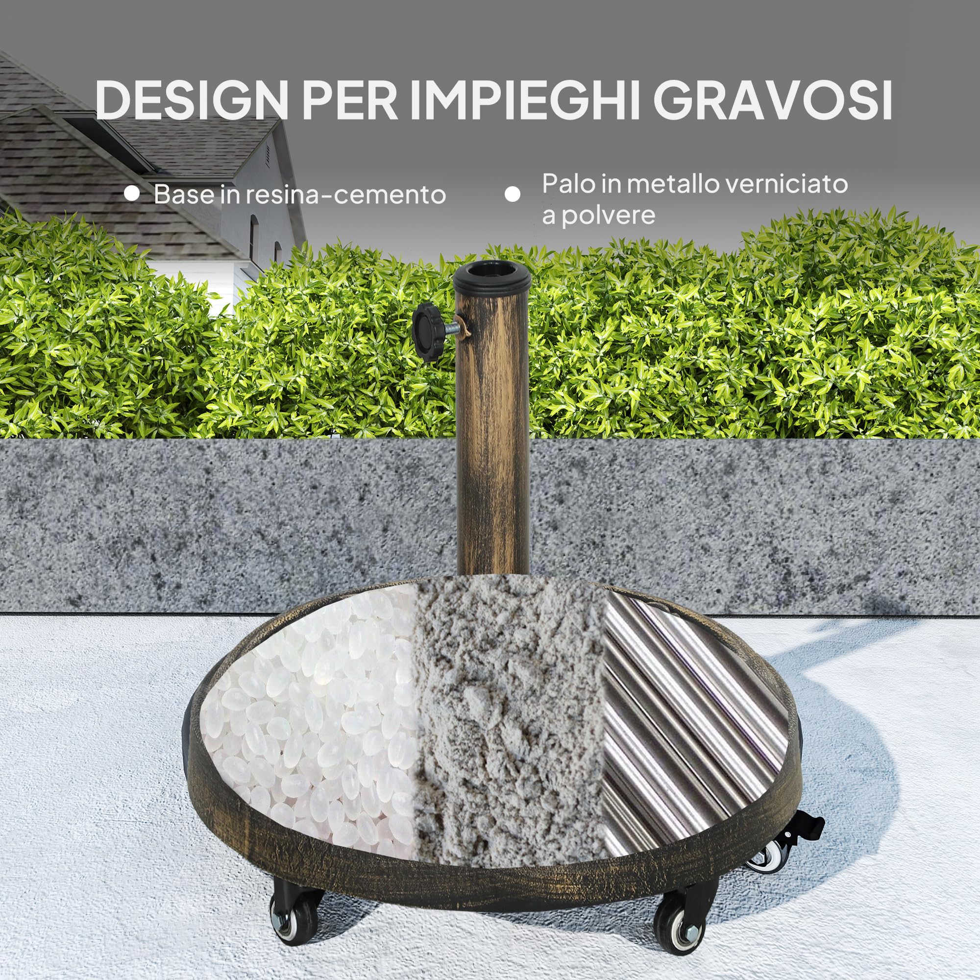 Outsunny Base per Ombrellone Rotonda da Esterno 21 kg con Ruote Bronzo | Basamento in Resina, Supporto per Ombrelloni da 32mm/38mm/48mm, per Giardino, Terrazza, Piscina