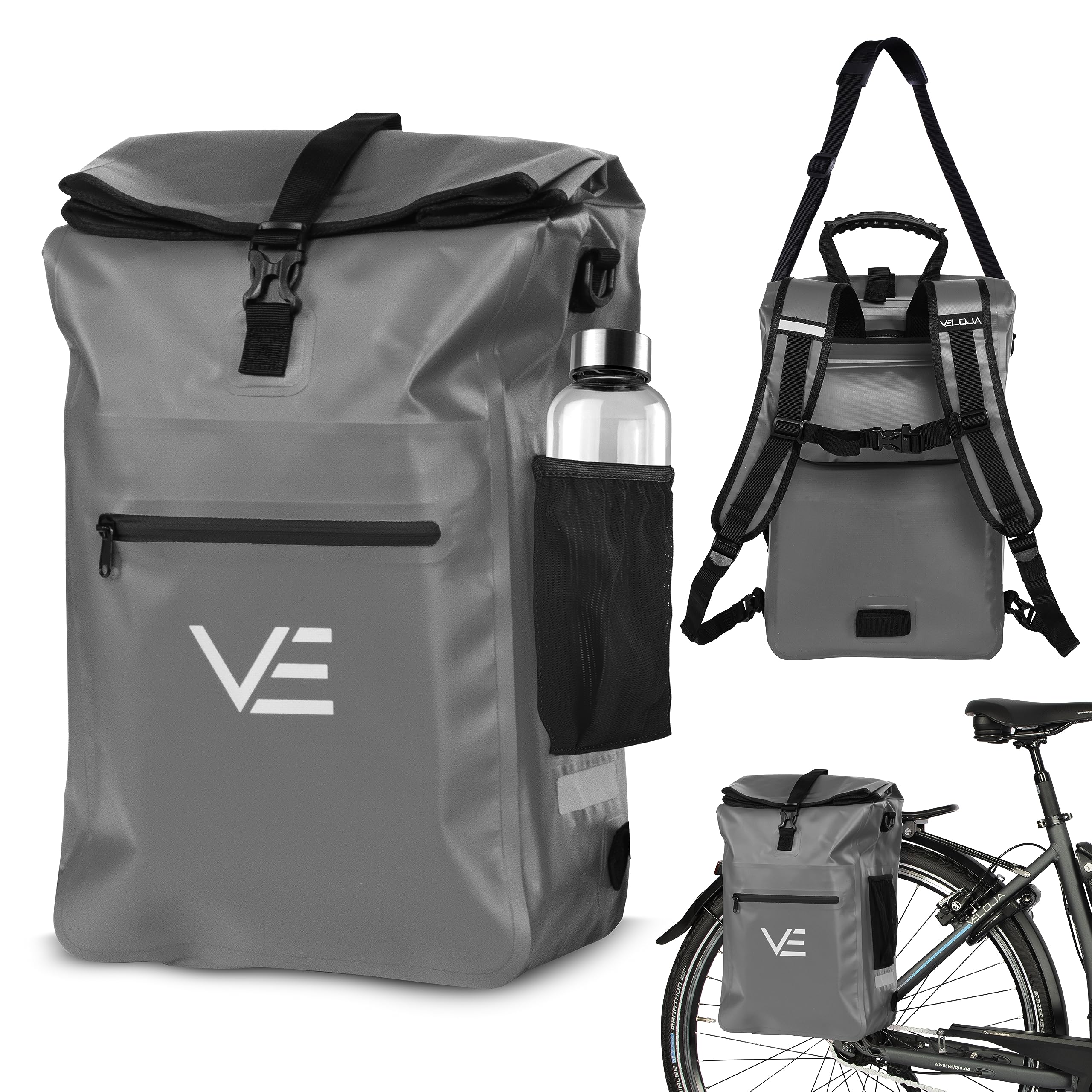 VELOJA Bicycle bag with backpack function, waterproof, 3-in-1 bicycle bag for luggage rack, laptop compartment, bottle holder, 4 colours, up to Sports & Outdoors