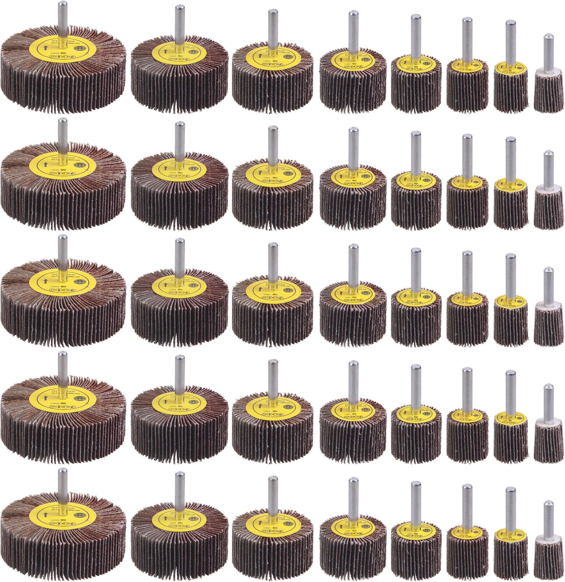 40 Pack 1/4" Abrasive Flap Wheel Sander Set, Rocaris 80 Grit Aluminum Oxide Flap Wheels Cylindrical Shape Sanding Wheel, 8 Sizes