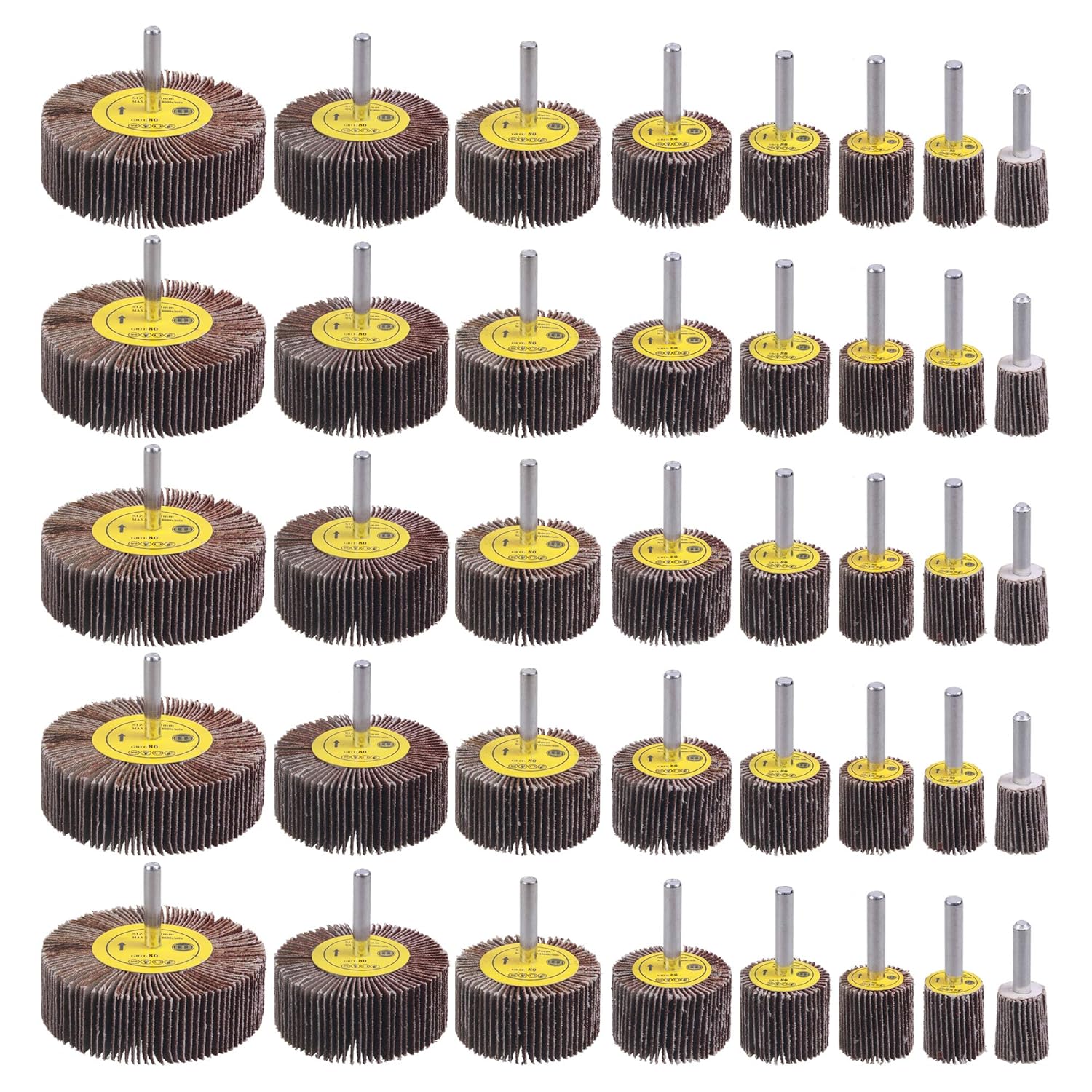 40 Pack 1/4" Abrasive Flap Wheel Sander Set, Rocaris 80 Grit Aluminum Oxide Flap Wheels Cylindrical Shape Sanding Wheel, 8 Sizes