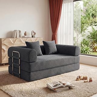 Futon Sofa Bed Modular Loveseat Sleeper Folding Pull Out Couch with Pillows, No Assembly Required Boneless Couch for Living Room Bedroom Guest Room (Grey, 59.06" Loveseat Sofa)