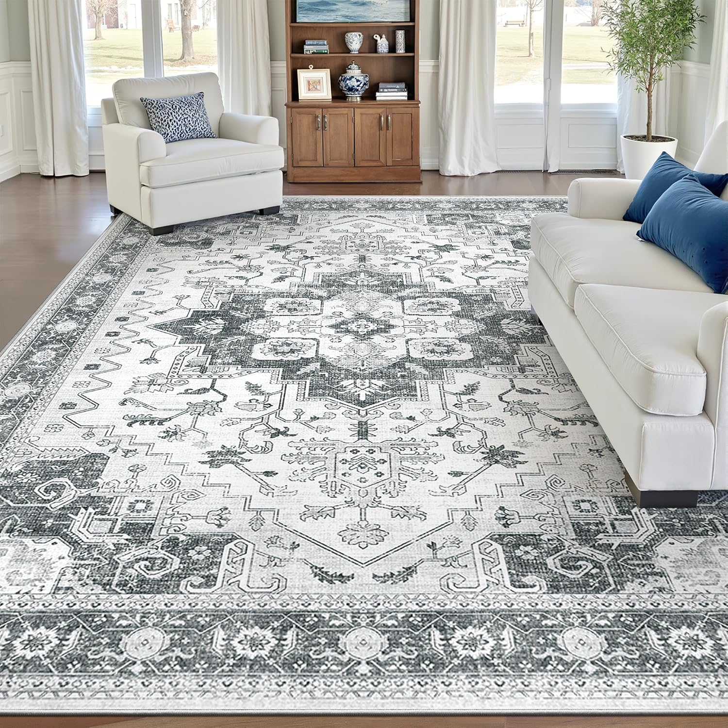 Washable Area Rug 5x7 - Neutral Grey, Non-Slip, Easy Clean
