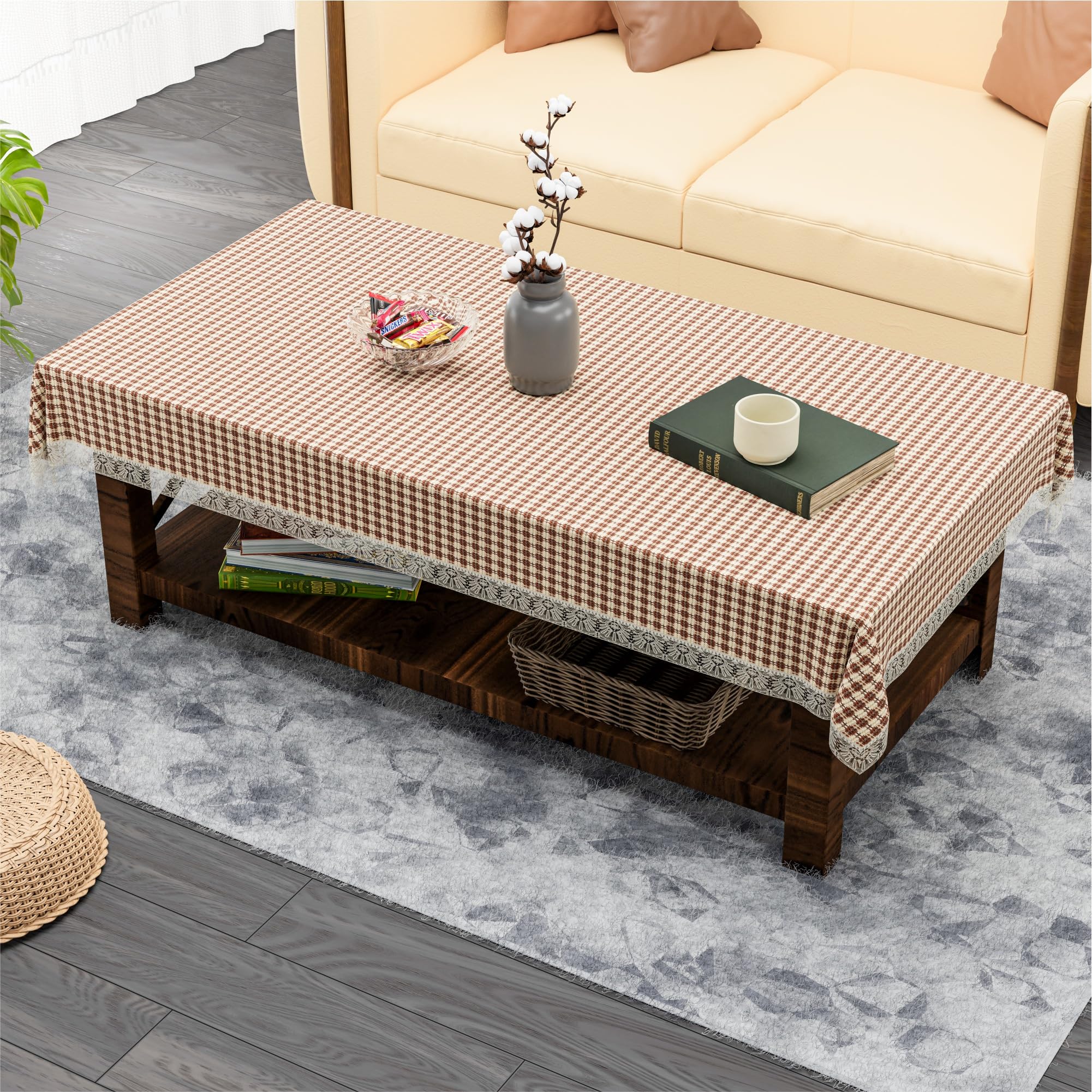 Kuber Industries 40x60 Inch Jute Center Table Cover Cloth 4 Seater for Living Room | Central Table Top Teapoy Cover for Home and Office Decor | Big Patta - Cream & Brown