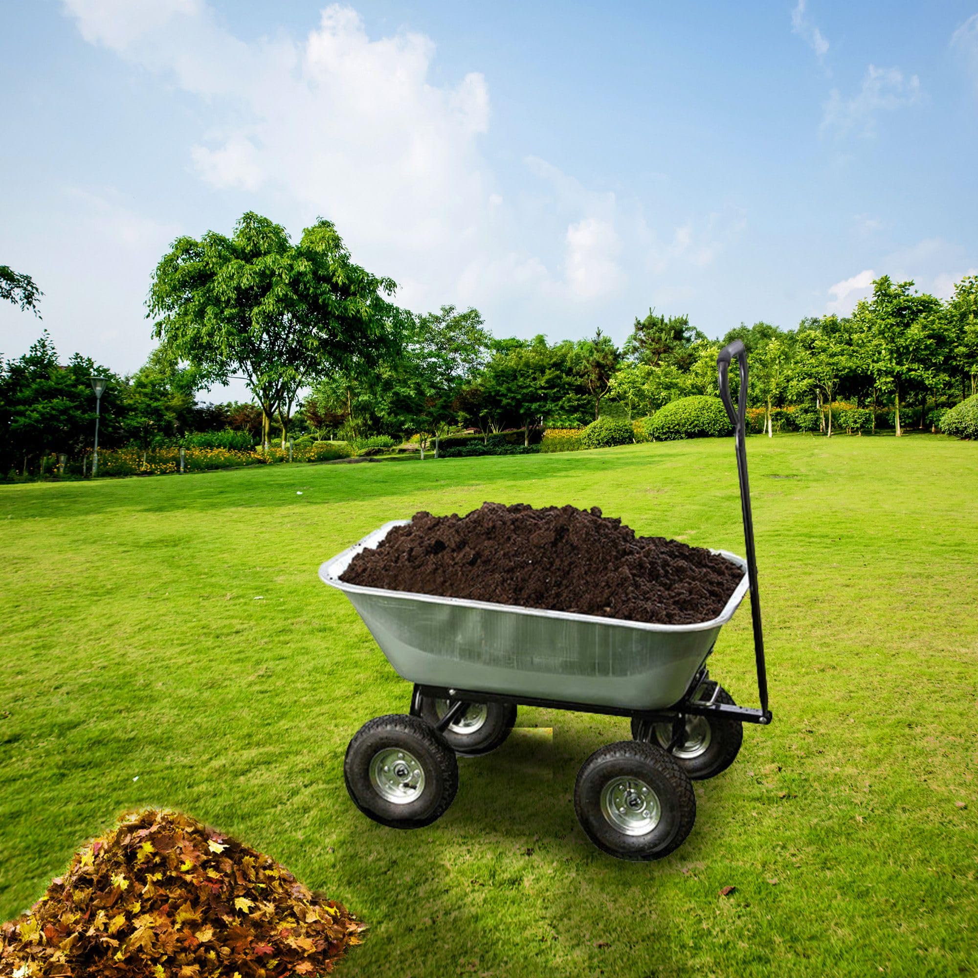 Carrello Manuale da Giardino 75L - Rimorchio Carriola contenitore ribaltabile 4 ruote gonfiabili Ø 260 mm - Capacità di carico max 250 KG - Manico lungo - 86 x 60,5 CM - Metallo Galvanizzato