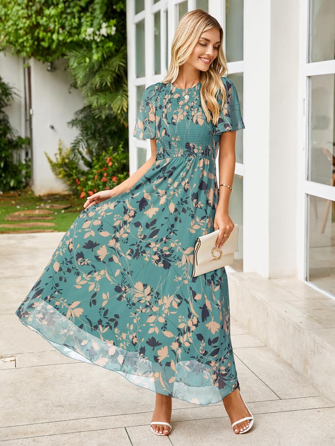 Simplee Womens Summer Floral Summer Maxi Dresses Boho Flowy Flutter Short Sleeve Crew Neck Vacation Smocked Chiffon Dress - Image 2