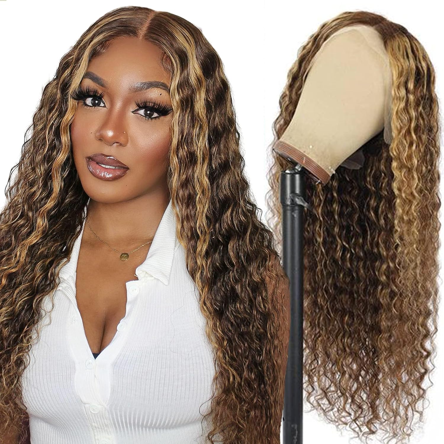 Ombre Highlight Lace Front Wig Human Hair Pre Plucked 13x6 HD Transparent Lace Frontal Wigs Human Hair 180% Density Loose Deep Wave Wigs for Black Women 4/27 Honey Blonde Human Hair Wig Colored 32inch