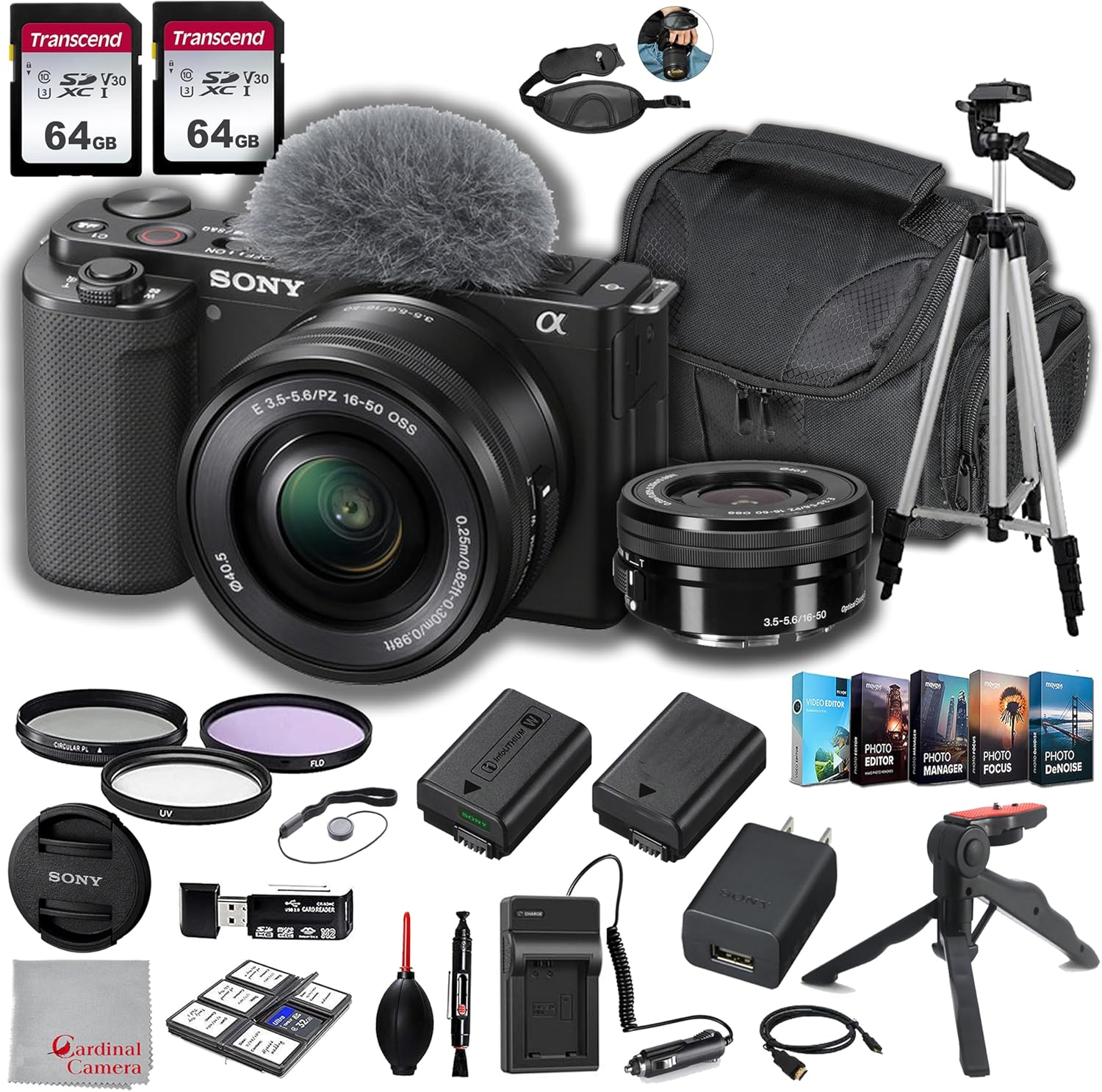 Sony ZV-E10 Mirrorless Camera with Sony E PZ 16-50mm OSS Lens + 2X 64GB Memory, Filters, Spare Battery, Editing Software and Tripod Bundle (25pc)