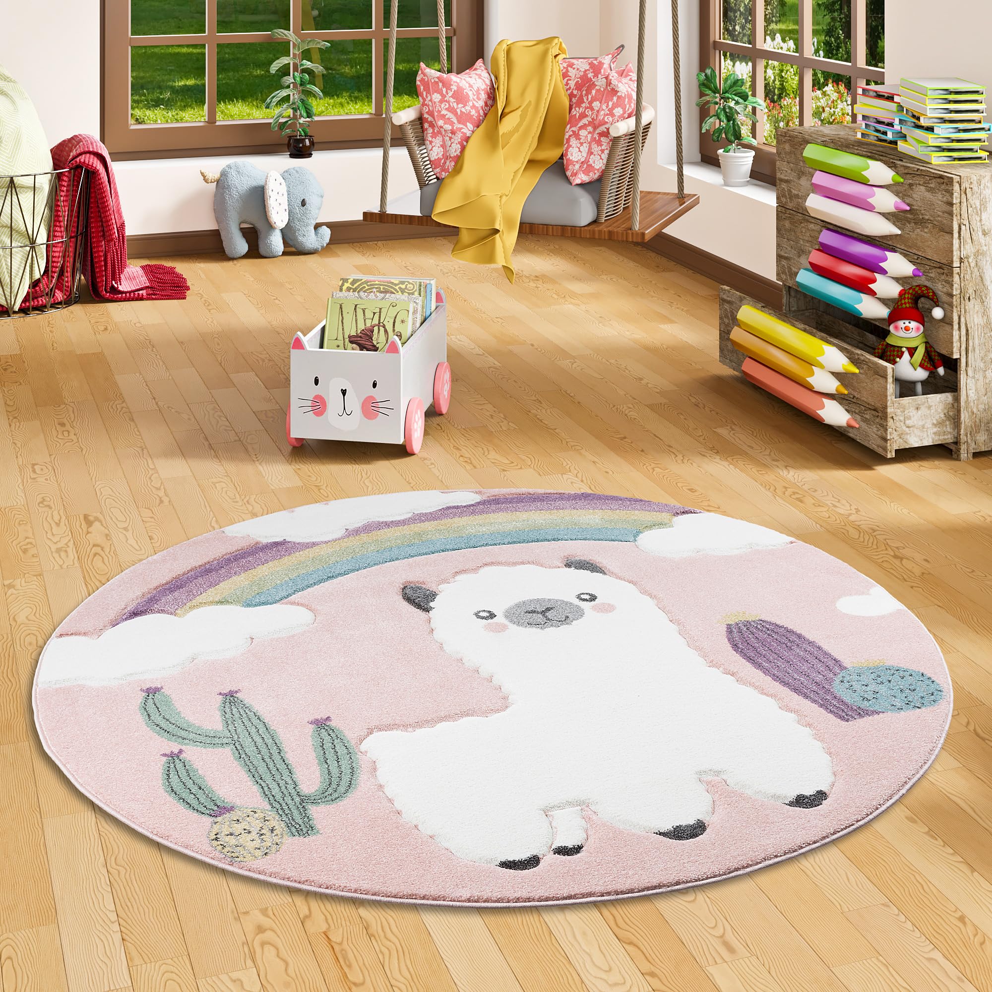 Pergamon Maui Kids - Tapis pour Enfant Rond - Motif Lama alpaga Paysage désertique coloré - 3 Tailles Disponibles