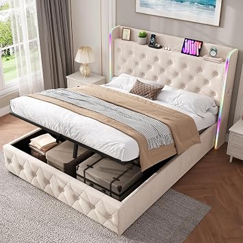 Miyemo Double Bed Frame with Storage, 4ft6 Upholstered Ottoman Bed with Headboard & Hydraulic, Linen Bed Frame with Charging-Station & Reading-Light, 135x190cm, Beige, No Mattress