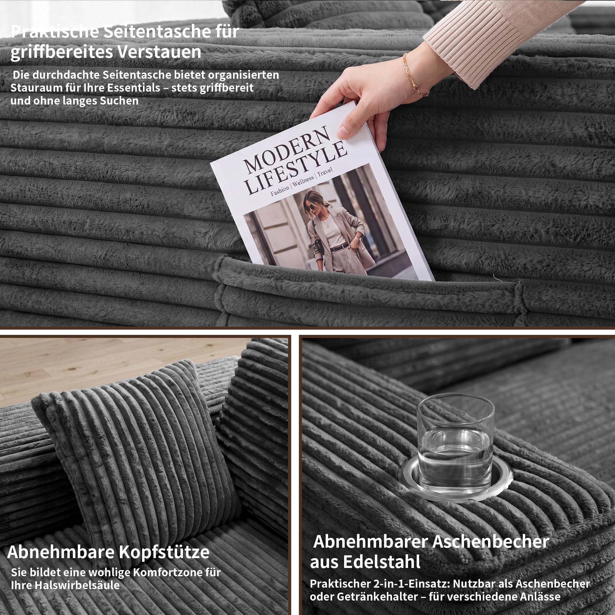 BonVache Ecksofa mit Schlaffunktion, 3-Sitzer Sofa mit Tassenhalter und Seitenfach, Cord Cloud Couch mit Nackenkissen, Tiefer Sitzfläche, L-Form Boneless Couch für Wohnzimmer, Grau