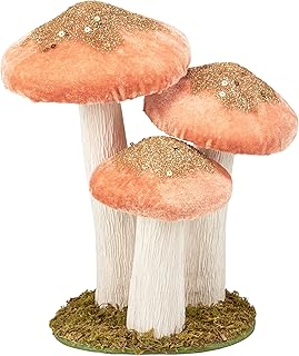 Primitives by Kathy Mushroom Trio Sitter, pink foam mushrooms uniquely detailed/velvet glitter accents/natural foliage detail base/nature themed home accent for seasonal/everyday/garden decor/gfitable
