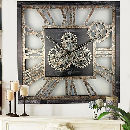 The Gears Clock - Reloj de pared cuadrado con engranaje móvil real de 24 pulgadas, estilo vintage, industrial, de gran tamaño, casa de campo rústica