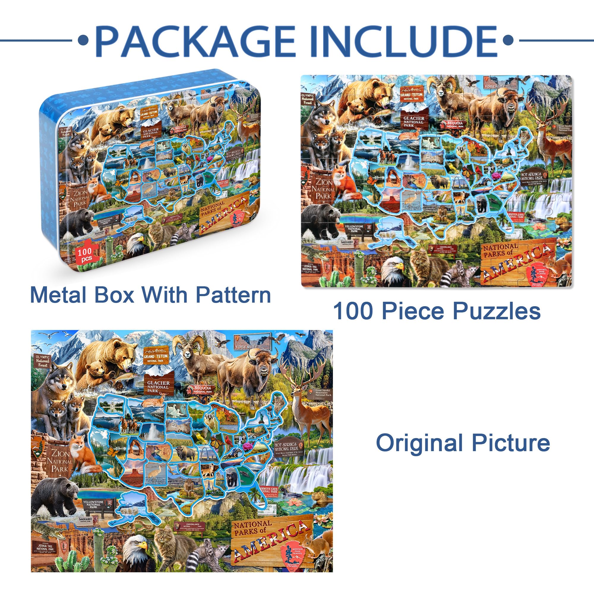 LELEMON Puzzle pour enfants de 4 à 6 ans, carte des parcs nationaux, puzzles de 100 pièces pour enfants de 4 à 8 ans dans une boîte en métal, puzzles éducatifs de 100 pièces, puzzles pour