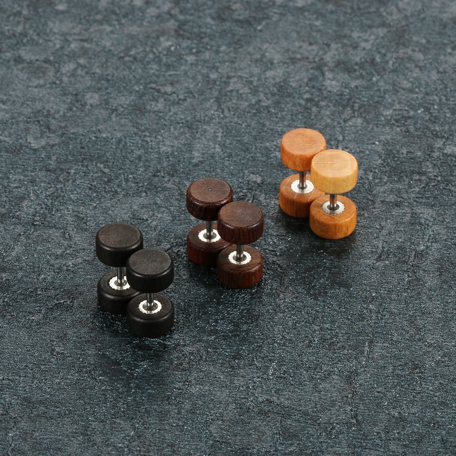 Pendientes de Acero Inoxidable Quirúrgico y Madera Dumbbells 8-12 mm 6 Pcs