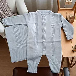 SAIDA MATERNIDADE 2 PÇS EM TRICOT MODELO ACONCHEGO (Azul, Com Botão)