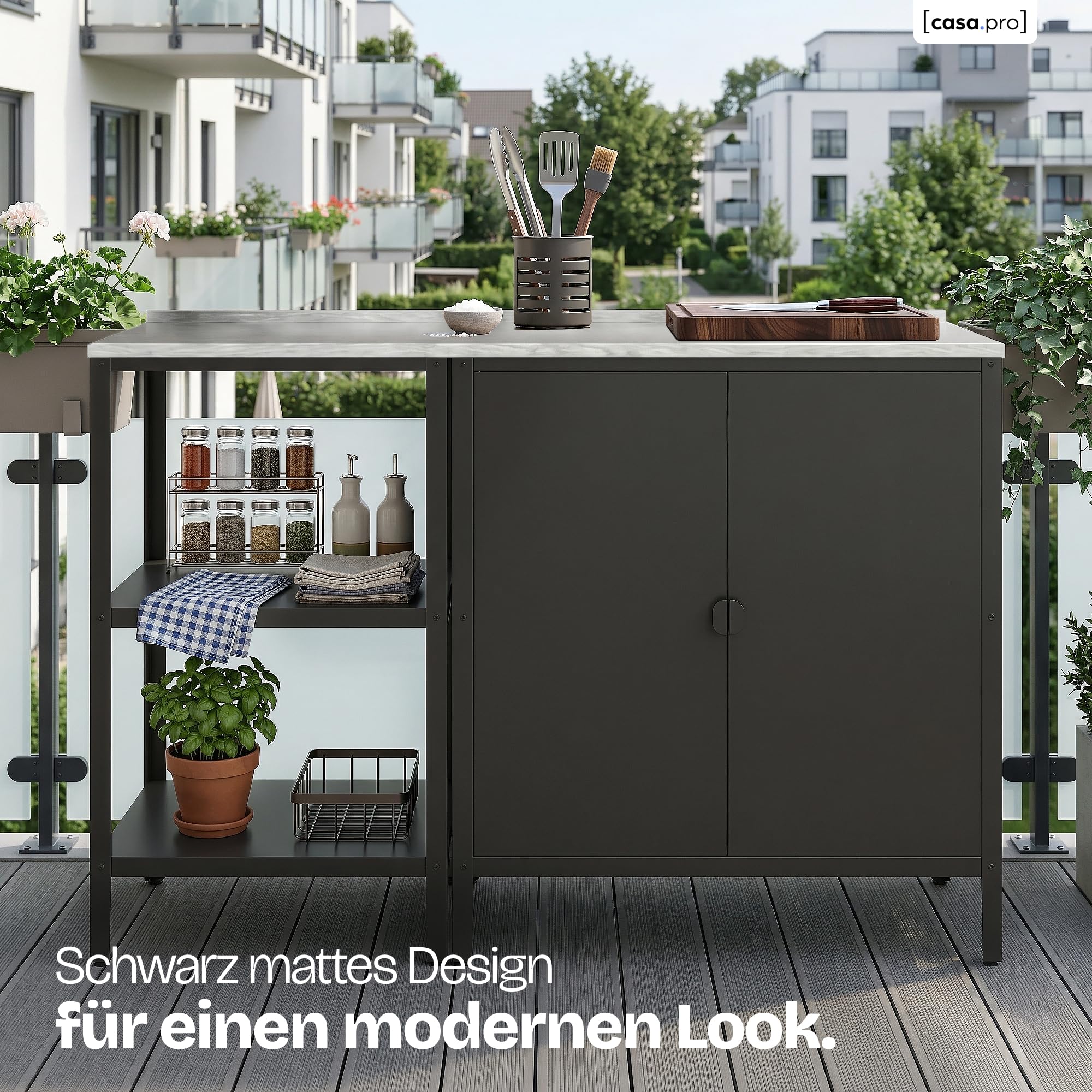casa.pro Outdoorset Bolognano Gartenmöbelset Outdoor-Standregal und Outdoor-Schrank im Set Gartenschrank Gartenregal für Grill Möbelset für Drinnen und Draußen Schwarz matt