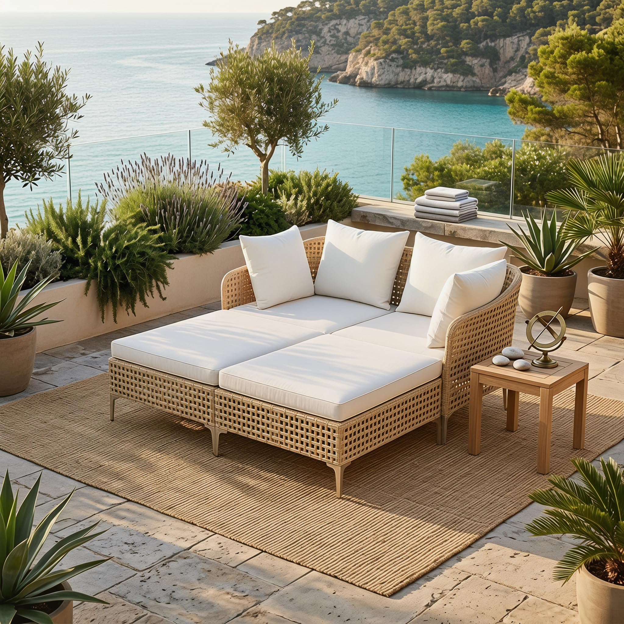 LIFEZEAL Lettino 2 Posti Prendisole in Rattan, Portata 360 kg | Lettino da Giardino con Cuscini, Struttura in Metallo, Piedini Regolabili, Divano da Esterno per Terrazza, Balcone, Piscina