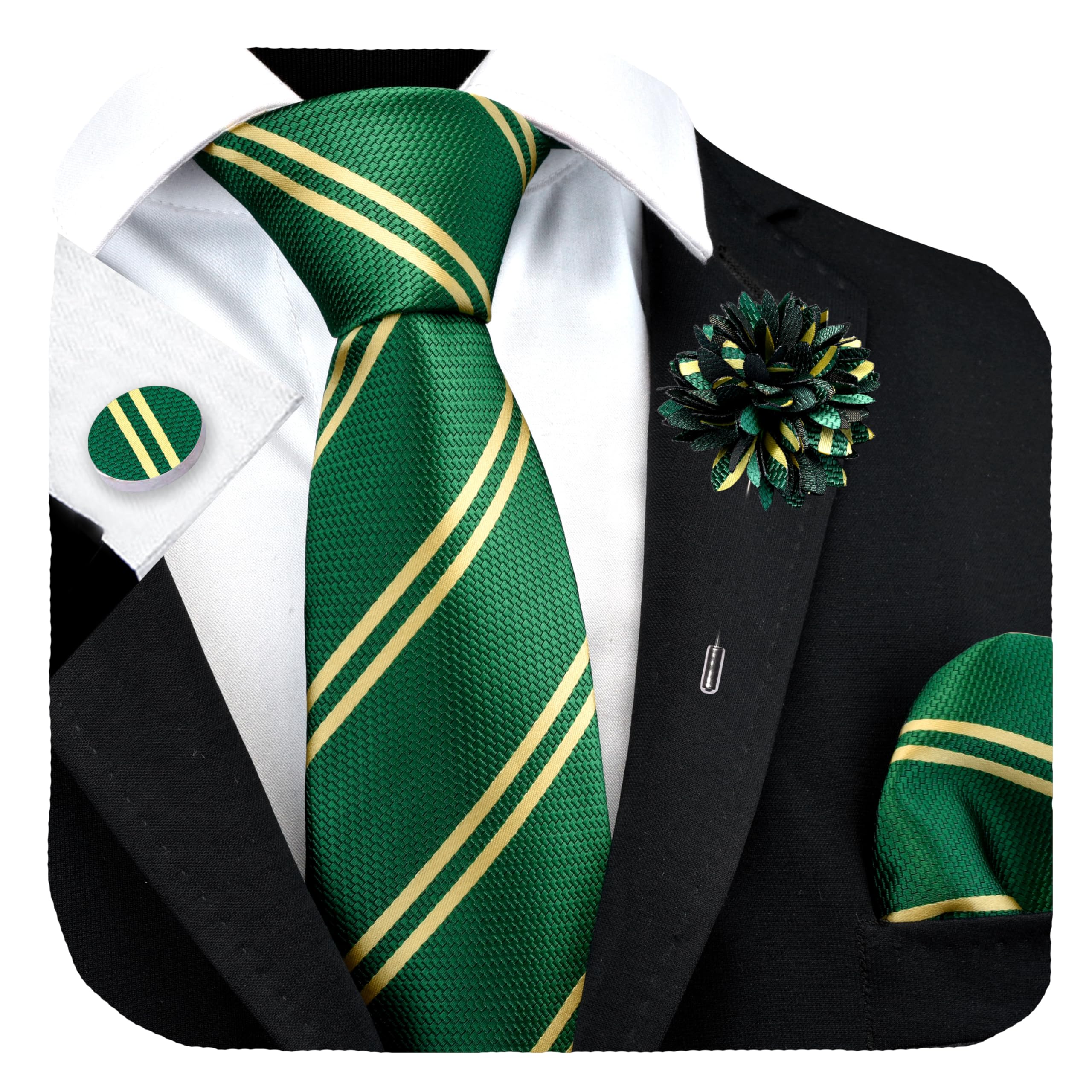 GUSLESON 3.15"（8cm） Striped Tie for Men With Lapel Pin Necktie Hankerchief Cufflinks Set