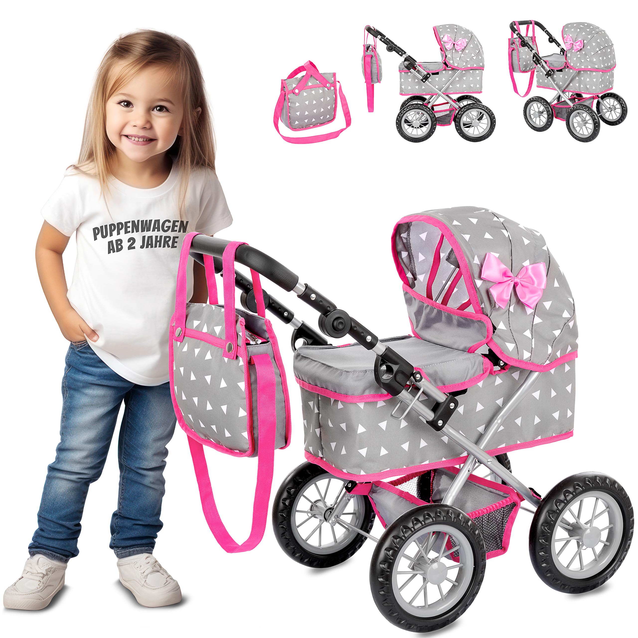 Kinderplay Puppenwagen mit großer Wanne – Höhenverstellbarer Griff 33–63 cm – Für Puppen bis 41 cm – Leichter Puppenbuggy für Kinder ab 3 Jahren – Leise Schaumräder